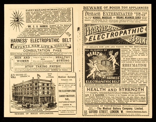 Disease exterminated from the system and every form of nervous, muscular, or organic weakness cured without drugs ... : Harness' electropathic belt : it imparts new life and vigour to the debilitated / the Medical Battery Company Limited.
