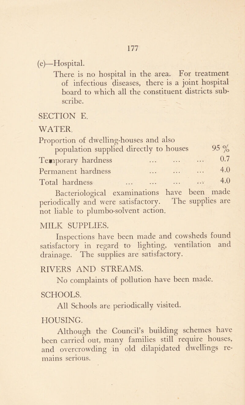 (e)—Hospital. There is no hospital in the area. For treatment of infectious diseases, there is a joint hospital board to which all the constituent districts sub- scribe. SECTION E. WATER. Proportion of dwelling-houses and also population supplied directly to houses Temrporary hardness Permanent hardness Total hardness Bacteriological examinations have periodically and were satisfactory. Ihe supplies are not liable to plumbo-solvent action. MILK SUPPLIES, Inspections have been made and cowsheds found satisfactory in regard to lighting, ventilation and drainage. The supplies are satisfactory. RIVERS AND STREAMS. No complaints of pollution have been made. SCHOOLS. All Schools are periodically visited. HOUSING. Although the Council’s building schemes have been carried out, many families still require houses, and overcrowding in old dilapidated dwellings re- mains serious. 95% 0.7 4.0 4.0 )een made