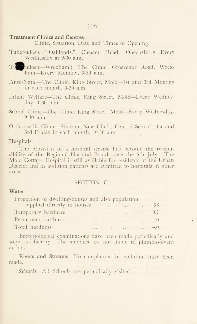 Treatment Clinics and Centres. Clinic, Situation, Date and Times of Opening. Tuberculc'sis—“ Oaklands,” Chester Road, Queensferry—Every Wednesday at 9-30 a.m. Ti^J^culosis—Wrexham : The Clinic, Grosvenor Road, Wrex- ham—Every Monday, 9-30 a.m. Ante-Natal—The Clinic, King Street, Mold—1st and 3rd Monday in each month, 9-30 a.m. Infant Welfare—The Clinic, King Street, Mold—Every Wednes- day, 1-30 p.m. School Clinic—The Clinic, King Street, Mold—Every Wednesday, 9-30 a.m. Orthopaedic Clinic—Shotton, New Clinic, Central School—1st and 3rd Friday in each month, 10-30 a.m. Hospitals. The provision of a hospital service has become the respon- sibility of the Regional Hospital Board since the 5th July. The Mold Cottage Hospital is still available for residents of the Urban District and in addition patients are admitted to hospitals in other areas. SECTION C. Water. Proportion of dwelling-houses and also population supplied directly to houses ... ... ... 98 Temporary hardness ... ... ... ... 0.7 Permanent hardness ... ... ... ... 4.0 Total hardness ... ... ... ... 4.0 Bacteriological examinations have been made periodically and were satisfactory. The supplies are not liable to piumhosolvent action. Rivers and Streams—No comjtlaints for pollution have been made. Schools—All Scliools are periodically visited.