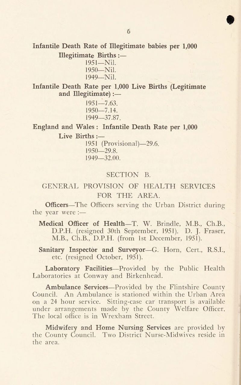 Infantile Death Rate of Illegitimate babies per 1,000 Illegitimate Births :— 1951_NiL 1950_NiL 1949_NiL Infantile Death Rate per 1,000 Live Births (Legitimate and Illegitimate):— 1951—7.63. 1950—7.14. 1949— 37.87. England and Wales : Infantile Death Rate per 1,000 Live Births :— 1951 (Provisional)—29.6. 1950— 29.8. 1949—32.00. SECTION B. GENERAL PROVISION OF HEALTH SERVICES FOR THE AREA. Officers—The Officers serving the Urban District during the year were :— Medical Officer of Health—T. W. Brindle, M.B., Ch.B., D.P.H. (resigned 30th September, 1951). D. J. Fraser, M.B., Ch.B., D.P.H. (from 1st December, 1951). Sanitary Inspector and Surveyor—Horn, Cert., R.S.I., etc. (resigned October, 1951). Laboratory Facilities—Provided by the Public Health Laboratories at Conway and Birkenhead. Ambulance Services—Provided by the Flintshire County Council. An Ambulance is stationed within the Urban Area on a 24 hour service. Sitting-case car transport is available under arrangements made by the County Welfare Officer. The local office is in WTexham Street. Midwifery and Home Nursing Services are provided by the County Council. Two District Nurse-Mid wives reside in the area.