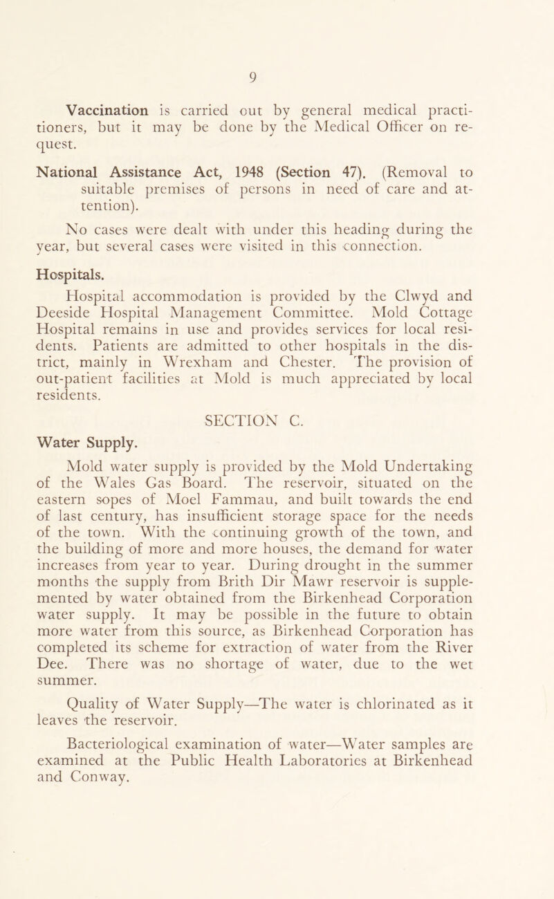 Vaccination is carried out by general medical practi- tioners, but it may be done by the Medical Officer on re- quest. National Assistance Act, 1948 (Section 47). (Removal to suitable premises of persons in need of care and at- tention). No cases were dealt with under this heading during the year, but several cases were visited in this connection. Hospitals. Hospital accommodation is provided by the Clwyd and Deeside Hospital Management Committee. Mold Cottage Hospital remains in use and provides services for local resi- dents. Patients are admitted to other hospitals in the dis- trict, mainly in Wrexham and Chester. The provision of out-patient facilities at Mold is much appreciated by local residents. SECTION C. Water Supply. Mold water supply is provided by the Mold Undertaking of the Wales Gas Board. The reservoir, situated on the eastern sopes of Moel Fammau, and built towards the end of last century, has insufficient storage space for the needs of the town. With the continuing growth of the town, and the building of more and more houses, the demand for water increases from year to year. During drought in the summer months the supply from Brith Dir Mawr reservoir is supple- mented by water obtained from the Birkenhead Corporation water supply. It may he possible in the future to obtain more water from this source, as Birkenhead Corporation has completed its scheme for extraction of water from the River Dee. There was no shortage of water, due to the wet summer. Quality of Water Supply—^The water is chlorinated as it leaves the reservoir. Bacteriological examination of water—Water samples are examined at the Public Health Laboratories at Birkenhead and Conway.