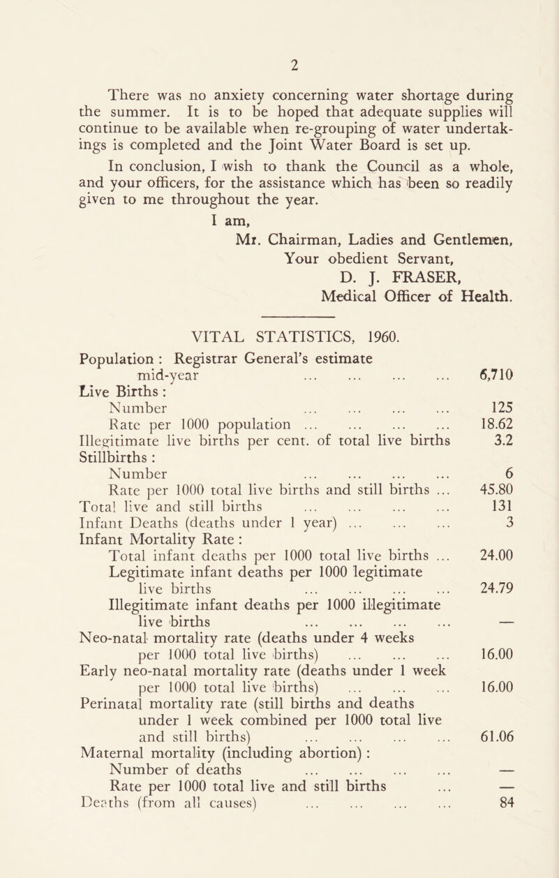 There was no anxiety concerning water shortage during the summer. It is to be hoped that adequate supplies will continue to be available when re-grouping of water undertak- ings is completed and the Joint Water Board is set up. In conclusion, I wish to thank the Council as a whole, and your officers, for the assistance which has been so readily given to me throughout the year. I am, Mi. Chairman, Ladies and Gentlemen, Your obedient Servant, D. J. FRASER, Medical Officer of Health. VITAL STATISTICS, 1960. Population : Registrar General’s estimate mid-year 6,710 Live Births : Number ... ... ... ... 125 Rate per 1000 population ... 18.62 Illegitimate live births per cent, of total live births 3.2 Stillbirths : Number ... ... ... ... 6 Rate per 1000 total live births and still births ... 45.80 Total live and still births ... ... ... ... 131 Infant Deaths (deaths under 1 year) 3 Infant Mortality Rate : Total infant deaths per 1000 total live births ... 24.00 Legitimate infant deaths per 1000 legitimate live births 24.79 Illegitimate infant deaths per 1000 illegitimate live births ... ... — Neo-natal mortality rate (deaths under 4 weeks per 1000 total live births) ... ... ... 16.00 Early neo-natal mortality rate (deaths under 1 week per 1000 total live births) ... ... ... 16.00 Perinatal mortality rate (still births and deaths under 1 week combined per 1000 total live and still births) ... ... ... ... 61.06 Maternal mortality (including abortion) : Number of deaths — Rate per 1000 total live and still births ... — Deaths (from all causes) ... ... ... ... 84