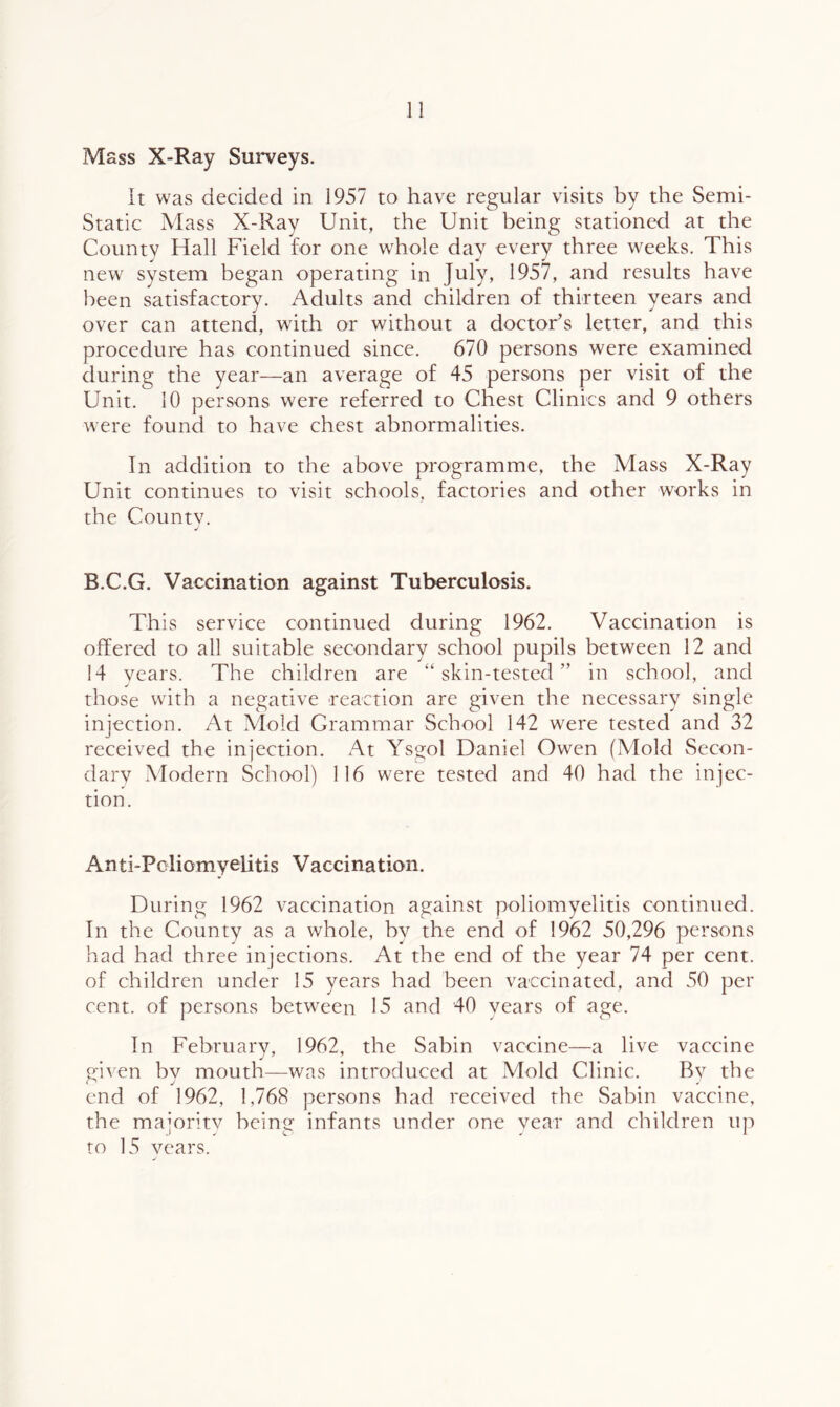 1! Mass X-Ray Surveys. It was decided in 1957 to have regular visits by the Semi- Static Mass X-Ray Unit, the Unit being stationed at the County Hall Field for one whole day every three weeks. This new system began operating in July, 1957, and results have been satisfactory. Adults and children of thirteen years and over can attend, with or without a doctor’s letter, and this procedure has continued since. 670 persons were examined during the year—an average of 45 persons per visit of the Unit. 10 persons were referred to Chest Clinics and 9 others were found to have chest abnormalities. In addition to the above programme, the Mass X-Ray Unit continues to visit schools, factories and other works in the Countv. J B.C.G. Vaccination against Tuberculosis. This service continued during 1962. Vaccination is offered to all suitable secondary school pupils between 12 and 14 years. The children are “ skin-testecl ” in school, and those with a negative reaction are given the necessary single injection. At Mold Grammar School 142 were tested and 32 received the injection. At Ysgol Daniel Owen (Mold Secon- dary Modern School) 116 were tested and 40 had the injec- tion. Anti-Poliomyelitis Vaccination. During 1962 vaccination against poliomyelitis continued. In the County as a whole, by the end of 1962 50,296 persons had had three injections. At the end of the year 74 per cent, of children under 15 years had been vaccinated, and 50 per cent, of persons between 15 and 40 years of age. In February, 1962, the Sabin vaccine—a live vaccine given by mouth—was introduced at Mold Clinic. By the end of 1962, 1,768 persons had received the Sabin vaccine, the majority being infants under one year and children up to 15 years.