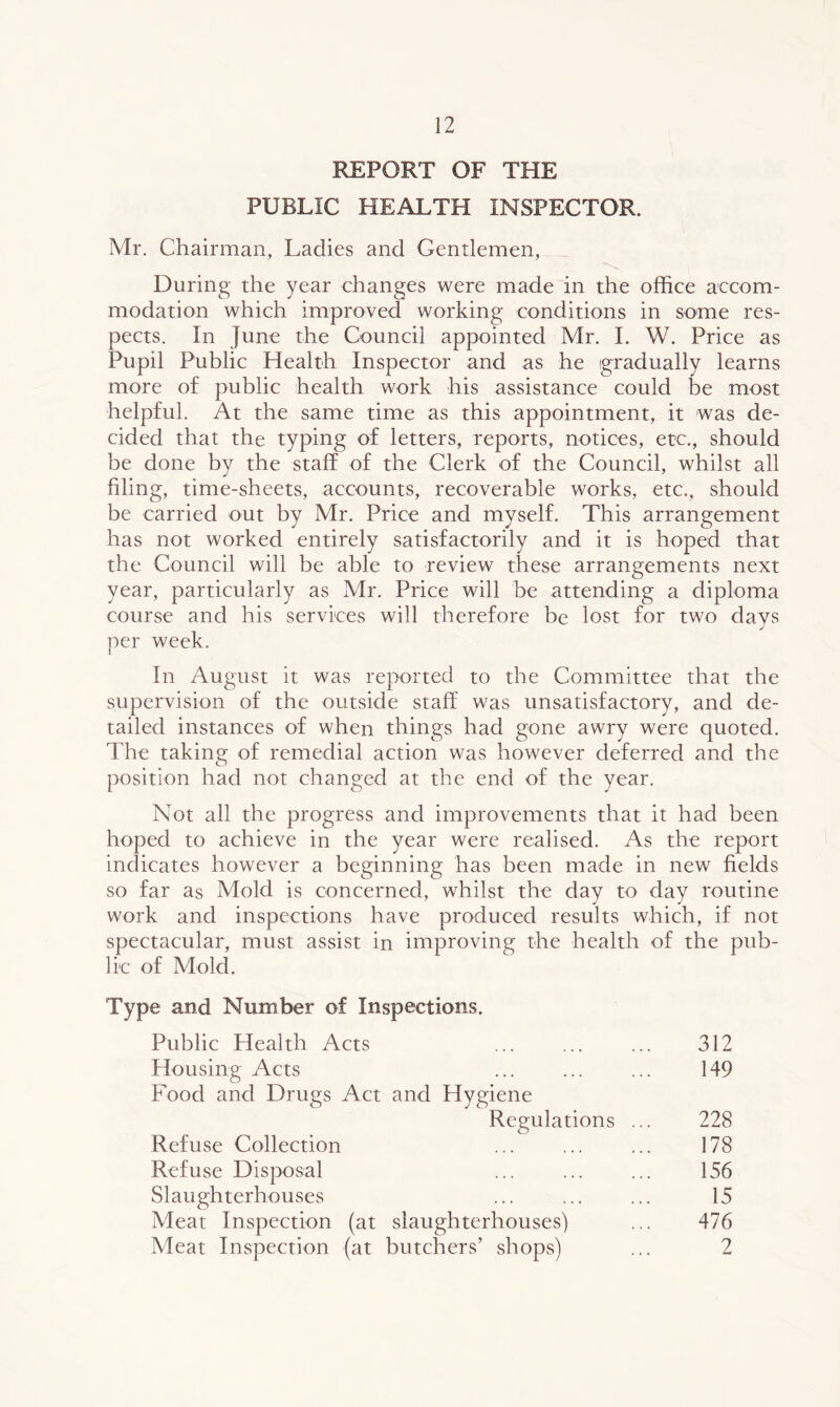 REPORT OF THE PUBLIC HEALTH INSPECTOR. Mr. Chairman, Ladies and Gentlemen, During the year changes were made in the office accom- modation which improved working conditions in some res- pects. In June the Council appointed Mr. I. W. Price as Pupil Public Health Inspector and as he gradually learns more of public health work his assistance could be most helpful. At the same time as this appointment, it was de- cided that the typing of letters, reports, notices, etc., should be done by the staff of the Clerk of the Council, whilst all filing, time-sheets, accounts, recoverable works, etc., should be carried out by Mr. Price and myself. This arrangement has not worked entirely satisfactorily and it is hoped that the Council will be able to review these arrangements next year, particularly as Mr. Price will be attending a diploma course and his services will therefore be lost for two days per week. In August it was reported to the Committee that the supervision of the outside staff was unsatisfactory, and de- tailed instances of when things had gone awry were quoted. The taking of remedial action was however deferred and the position had not changed at the end of the year. Not all the progress and improvements that it had been hoped to achieve in the year were realised. As the report indicates however a beginning has been made in new fields so far as Mold is concerned, whilst the day to day routine work and inspections have produced results which, if not spectacular, must assist in improving the health of the pub- lic of Mold. Type and Number of Inspections. Public Health Acts Housing Acts Food and Drugs Act and Hygiene 312 149 Regulations 228 178 156 15 476 2 Refuse Collection Refuse Disposal Slaughterhouses Meat Inspection (at slaughterhouses) Meat Inspection (at butchers’ shops)