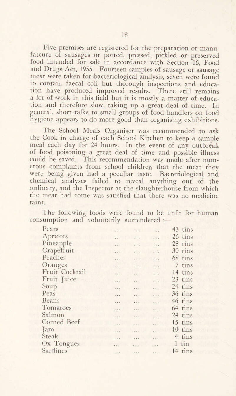 Five premises are registered for the preparation or manu- fatcure of sausages or potted, pressed, pickled or preserved food intended for sale in accordance with Section 16, Food and Drugs Act, 1955. Fourteen samples of sausage or sausage meat were taken for bacteriological analysis, seven were found to contain faecal coli but thorough inspections and educa- tion have produced improved results. There still remains a lot of work in this field but it is mostly a matter of educa- tion and therefore slow, taking up a great deal of time. In general, short talks to small groups of food handlers on food hygiene appears to do more good than organising exhibitions. The School Meals Organiser was recommended to ask the Cook in charge of each School Kitchen to keep a sample meal each day for 24 hours. In the event of any outbreak of food poisoning a great deal of time and possible illness could be saved. This recommendation was made after num- erous complaints from school children that the meat they were being given had a peculiar taste. Bacteriological and chemical analyses failed to reveal anything out of the ordinary, and the Inspector at the slaughterhouse from which the meat had come was satisfied that there was no medicine taint. The following foods were found to be unfit for human consumption and voluntarily surrendered :— Pears Apricots Pineapple Grapefruit Peaches Oranges Fruit Cocktail Fruit Juice Soup Peas Beans Tomatoes Salmon Corned Beef Jam Steak Ox Tongues Sardines 43 tins 26 tins 28 tins 30 tins 68 tins 7 tins 14 tins 23 tins 24 tins 36 tins 46 tins 64 tins 24 tins 15 tins 10 tins 4 tins 1 tin 14 tins