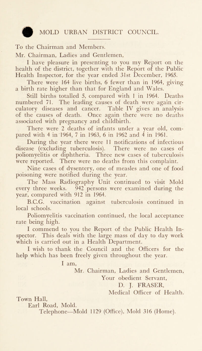 MOLD URBAN DISTRICT COUNCIL. To the Chairman and Members. Mr. Chairman, Ladies and Gentlemen, I have pleasure in presenting to you my Report on the health of the district, together with the Report of the Public Health Inspector, for the year ended 31st December, 1965. There were 164 live births, 6 fewer than in 1964, giving a birth rate higher than that for England and Wales. Still births totalled 5, compared with 1 in 1964. Deaths numbered 71. The leading causes of death were again cir- culatory diseases and cancer. Table IV gives an analysis of the causes of death. Once again there were no deaths associated with pregnancy and childbirth. There were 2 deaths of infants under a year old, com- pared with 4 in 1964, 7 in 1963, 6 in 1962 and 4 in 1961. During the year there were 11 notifications of infectious disease (excluding tuberculosis). There were no cases of poliomyelitis or diphtheria. Three new cases of tuberculosis were reported. There were no deaths from this complaint. Nine cases of dysentery, one of measles and one of food poisoning were notified during the year. The Mass Radiography Unit continued to visit Mold every three weeks. 942 persons were examined during the year, compared with 912 in 1964. B.C.G. vaccination against tuberculosis continued in local schools. Poliomyelitis vaccination continued, the local acceptance rate being high. I commend to you the Report of the Public Health In- spector. This deals with the large mass of day to day work which is carried out in a Health Department. I wish to thank the Council and the Officers for the help which has been freely given throughout the year. I am, Mr. Chairman, Ladies and Gentlemen, Your obedient Servant, D. J. FRASER, Medical Officer of Health. Town Hall, Earl Road, Mold. Telephone—Mold 1129 (Office), Mold 316 (Home).