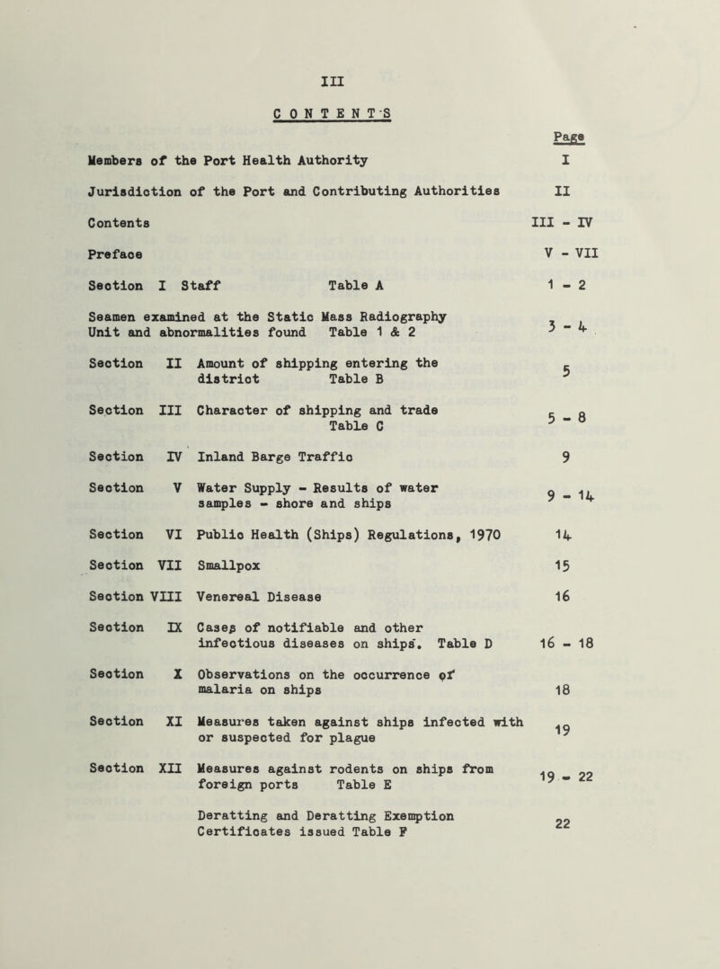 C ONTENTS Members of the Port Health Authority Jurisdiotion of the Port and Contributing Authorities Contents Preface Section I Staff Table A Seamen examined at the Statio Mass Radiography Unit and abnormalities found Table 1 & 2 Page I II III - IV V - VII 1 - 2 3 - if Section II Amount of shipping entering the district Table B Section III Character of shipping and trade Table C Section IV Inland Barge Traffic Section V Water Supply - Results of water samples - shore and ships Section VI Public Health (Ships) Regulations, 1970 Section VII Smallpox Section vm Venereal Disease Section DC Case^ of notifiable and other infectious diseases on ships'. Table D Section X Observations on the occurrence pf malaria on ships Section XI Measures taken against ships infected with or suspected for plague 9 9-14 14 15 16 16 - 18 18 19 Section XII Measures against rodents on ships from foreign ports Table E 19 - 22 Deratting and Deratting Exemption Certificates issued Table P 22