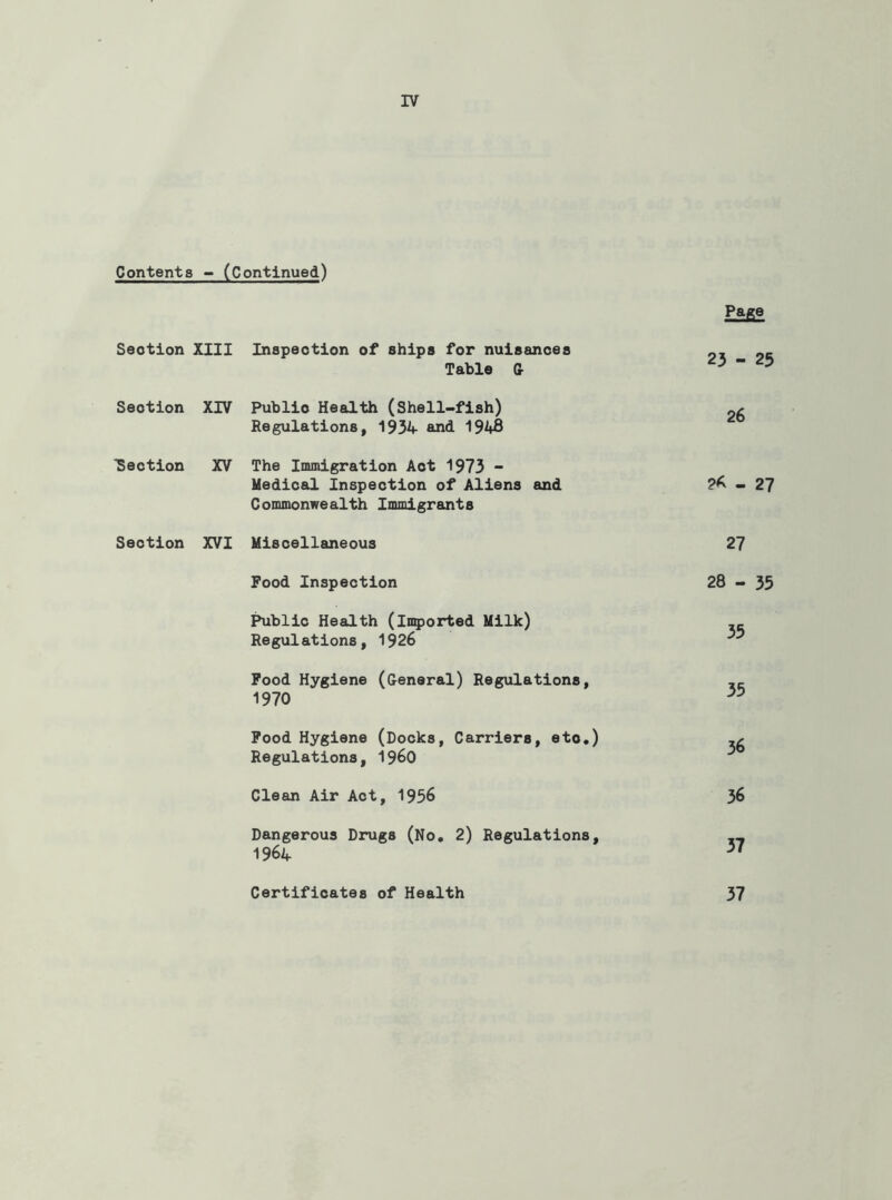 Contents - (Continued) Seotlon XIII Inspection of ships for nuisances Table 6- Section XIV Public Health (Shell-fish) Regulations, 1934 and 194B Section XV The Inmdgration Act 1973 - Medical Inspection of Aliens and Commonwealth Immigrants Section XVI Miscellaneous Food Inspection Public Health (inserted Milk) Regulations, 1926 Pood Hygiene (General) Regulations, 1970 Pood Hygiene (Docks, Carriers, etc.) Regulations, i960 Clean Air Act, 1956 Dangerous Drugs (No, 2) Regulations, 1964 Page 23 - 25 26 ?6 - 27 27 28 - 35 35 35 36 36 37 Certificates of Health 37