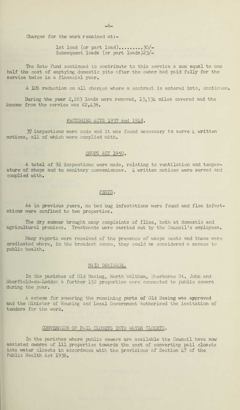 -6- Gharges for the work remained at:- 1st load (or part load) 30/- Subsequent loads (or part loads)23/- The Rate Fund continued to contribute to this service a sum equal to one half the cost of emptying domestic pits after the owner had paid fully for the service twice in a financial year, A 10?c reduction on all charges where a contract is entered into, continues. During the year 2,263 loads were removed, 13,534 miles covered and the income from the service vi&s £2,436, FACTORIES ACTS 1937 and 1948, 37 inspections were made and it was found necessary to serve 4 written notices, all of which were complied with, SHOPS ACT 1950, A total of 92 inspections were made, relating to ventilation and temper- ature of shops and to sanitary conveniences. 4 written notices were served and complied with. PESTS. As in previous years, no bed bug infestations were found and flea infest- ations were confined to two properties, The dry summer broijght many complaints of flies, both at domestic and agricultural premises. Treatments were carried out by the Council's employees. Many reports were received of the presence of wasps nests and these were eradicated where, in the broadest sense, they could be considered a menace to public health. mm DRAINAGE. In the parishes of Old Basing, North Waltham, Sherborne St. John and Sherfield-on--Loddon a further 152 properties were connected to public sewers during the yc'ar. A scheme for sev/ering the remaining parts of Old Basing was approved and the Minister of Housing and Local Government authorised the invitation of tenders for the work. CONVERSION OF PAIL CLOSETS INTO VJATER CLOSETS. In the parishes where public sewers are available the Council have now assisted owners of 111 properties towards the cost of converting pail closets into water closets in accordance with the provisions of Section 47 of the Public Health Act 1936.