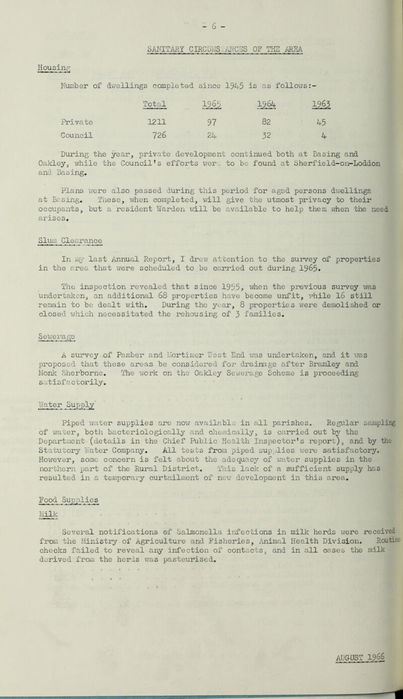 SALUTARY CIRCUi',IS.iMCES OF TH2 AREA Housinp; Number of dv/ellings completed since 1945 is as follov/s:- Total 1965 1964 1963 Private 1211 97 82 45 Council 726 24 32 4 During the year, private development continued both at Basing and Oakley, while the Council’s efforts wer.^ to be found at Bherfield-on-Loddon and Basing, Plans v^ere also passed during this period for aged persons dwellings at Be sing. These, when completed, will give the utmost privacy to their occupants, but a resident Yi/'arden will be available to help them when the need arises. Slum Clearance In my last Annual Report, I drev; attention to the survey of properties in the area that were scheduled to be carried out during I965. The inspection revealed that since 1955, v;hen the previous survey was undertalcen, an additional 68 properties have become unfit, while I6 still remain to be dealt v/ith. During the year, 8 properties were demolished or closed which necessitated the rehousing of 3 families. ^e_we_rage_ A survey of Pamber and Nortimer Pest End w'as undertaken, and it was proposed that these areas be considered for drainage after Bramley and Honk Sherborne. The work on the Oalcley Sewerage Scheme is proceeding satisfactorily. Water Supply' Piped water supplies are now available in all parishes. Regular sampling of -water, both bacteriologicall5r and chemically, is carried out by the Department (details in the Chief Public flealth Inspector's report), and by the Statutory Water Company. All tests from piped sup^Eies were satisfactory. However, some concern is felt about the adequacy of v;ater supplies in the northern part of the Rural District, This lack of a sufficient supply has resulted- in a temporary curtailment of new development in this area. Food Suppli_ej_ Hilk Several notifications of Salmonella infections in milk herds v^ere received from the Ministry of Agriculture and Fisheries, iuiimal Health Division. Routine checks failed to reveal any infection of contacts, and in all cases the milk derived from the herds w^as pasteurised. AD&UST 1366