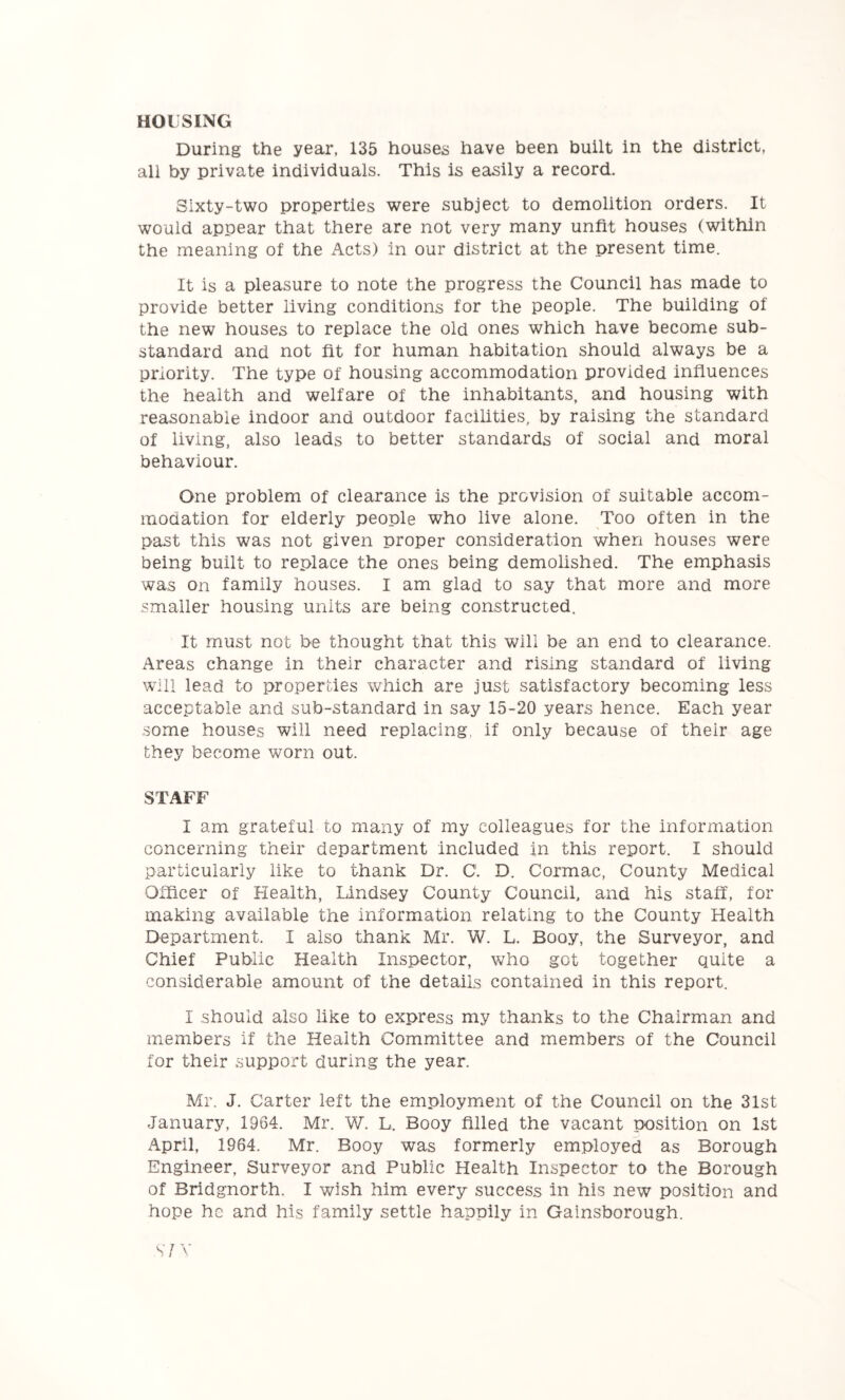 HOLSING During the year, 135 houses have been built in the district, all by private individuals. This is easily a record. Sixty-two properties were subject to demolition orders. It would appear that there are not very many unfit houses (within the meaning of the Acts) in our district at the present time. It is a pleasure to note the progress the Council has made to provide better living conditions for the people. The building of the new houses to replace the old ones which have become sub- standard and not fit for human habitation should always be a priority. The type of housing accommodation provided influences the health and welfare of the inhabitants, and housing with reasonable indoor and outdoor facilities, by raising the standard of living, also leads to better standards of social and moral behaviour. One problem of clearance is the provision of suitable accom- modation for elderly people who live alone. Too often in the past this was not given proper consideration when houses were being built to replace the ones being demolished. The emphasis was on family houses. I am glad to say that more and more smaller housing units are being constructed. It must not be thought that this will be an end to clearance. Areas change in their character and rising standard of living will lead to properties which are just satisfactory becoming less acceptable and sub-standard in say 15-20 years hence. Each year some houses will need replacing, if only because of their age they become worn out. STAFF I am grateful to many of my colleagues for the information concerning their department included in this report. I should particularly like to thank Dr. C. D. Cormac, County Medical Officer of Health, Lindsey County Council, and his staff, for making available the information relating to the County Health Department. I also thank Mr. W. L. Booy, the Surveyor, and Chief Public Health Inspector, who got together quite a considerable amount of the details contained in this report. I should also hke to express my thanks to the Chairman and members if the Health Committee and members of the Council for their support during the year. Mr. J. Carter left the employment of the Council on the 31st January, 1964. Mr. W. L. Booy filled the vacant position on 1st April, 1964. Mr. Booy was formerly employed as Borough Engineer, Surveyor and Public Health Inspector to the Borough of Bridgnorth. I wish him every success in his new position and hope he and his family settle happily in Gainsborough. SIX