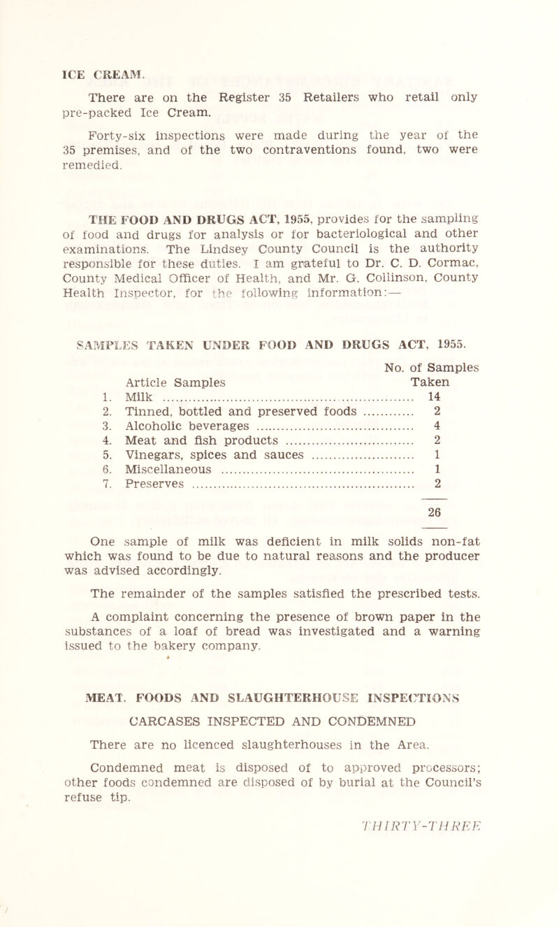 ICE CREAM. There are on the Register 35 Retailers who retail only pre-packed Ice Cream. Forty-six inspections were made during the year of the 35 premises, and of the two contraventions found, two were remedied. THE FOOD AND DRUGS ACT, 1955, provides for the sampling of food and drugs for analysis or for bacteriological and other examinations. The Lindsey County Council is the authority responsible for these duties. I am grateful to Dr. C. D. Cormac, County Medical Officer of Health, and Mr. G. Collinson, County Health Inspector, for the following information:— SAMPLES TAKEN UNDER FOOD AND DRUGS ACT, 1955. No. of Samples Article Samples Taken 1. Milk 14 2. Tinned, bottled and preserved foods 2 3. Alcoholic beverages 4 4. Meat and fish products 2 5. Vinegars, spices and sauces 1 6. Miscellaneous 1 7. Preserves 2 26 One sample of milk was deficient in milk solids non-fat which was found to be due to natural reasons and the producer was advised accordingly. The remainder of the samples satisfied the prescribed tests. A complaint concerning the presence of brown paper in the substances of a loaf of bread was investigated and a warning issued to the bakery company. MEAT, FOODS AND SLAUGHTERHOUSE INSPECTIONS CARCASES INSPECTED AND CONDEMNED There are no licenced slaughterhouses in the Area. Condemned meat is disposed of to approved processors; other foods condemned are disposed of by burial at the Council’s refuse tip. THIRTY-THREE