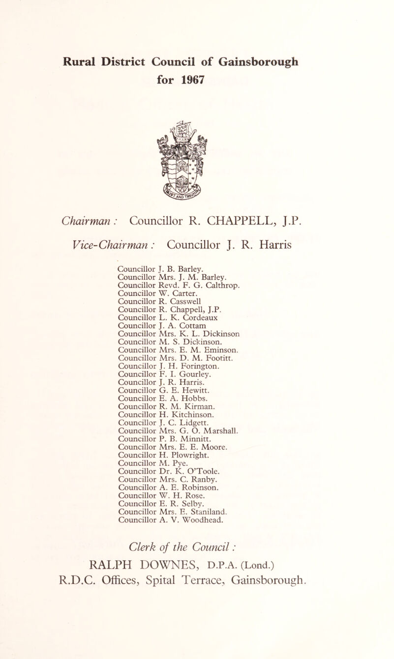 Rural District Council of Gainsborough for 1967 Chairman: Councillor R. CHAPPELL, J.P. Vice-Chairman: Councillor J. R. Harris Councillor J. B. Barley. Councillor Mrs. J. M. Barley. Councillor Revd. F. G. Calthrop. Councillor W. Carter. Councillor R. Casswell Councillor R. Chappell, J.P. Councillor L. K. Cordeaux Councillor J. A. Cottam Councillor Mrs. K. L. Dickinson Councillor M. S. Dickinson. Councillor Mrs. E. M. Eminson. Councillor Mrs. D. M. Footitt. Councillor J. H. Forington. Councillor F. I. Gourley. Councillor J. R. Harris. Councillor G. E. Hewitt. Councillor E. A. Hobbs. Councillor R. M. Kirman. Councillor H. Kitchinson. Councillor J. C. Lidgett. Councillor Mrs. G. O. Marshall. Councillor P. B. Minnitt. Councillor Mrs. E. E. Moore. Councillor H. Plowright. Councillor M. Pye. Councillor Dr. K. O’Toole. Councillor Mrs. C. Ranby. Councillor A. E. Robinson. Councillor W. H. Rose. Councillor E. R. Selby. Councillor Mrs. E. Staniland. Councillor A. V. Woodhead. Clerk of the Council: RALPH DOWNES, D.P.A. (Lond.) R.D.C. Offices, Spiral Terrace, Gainsborough.