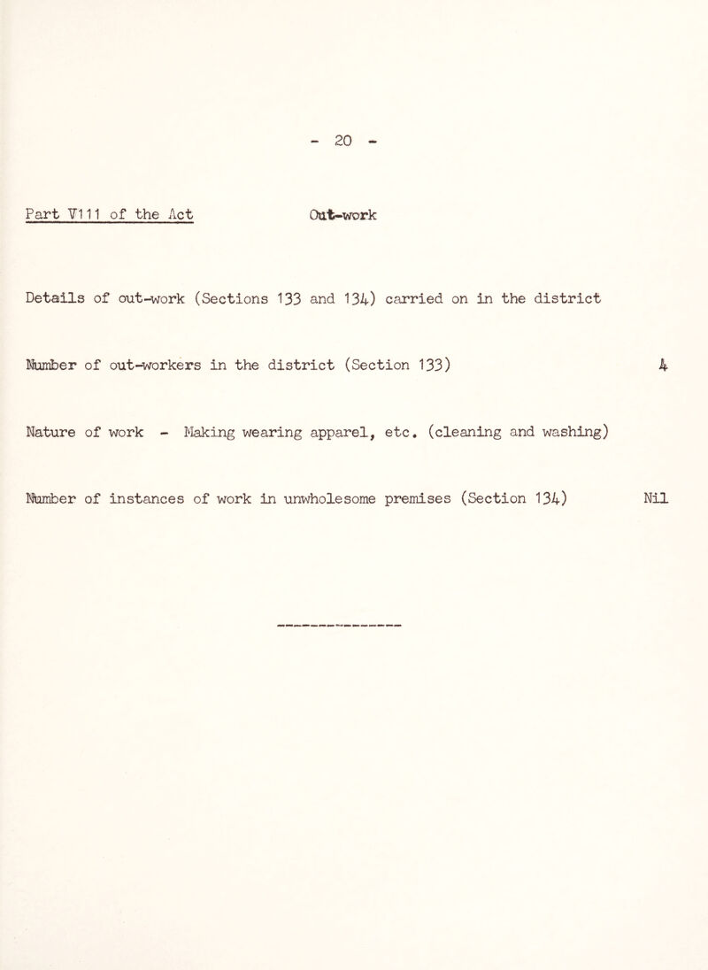Part ¥111 of the Act Otit-work Details of out-work (Sections 133 and 134) carried on in the district Ifaiiber of out-^orkers in the district (Section 133) Nature of work - Making wearing apparel, etc. (cleaning and washing) Nhmber of instances of work in unwholesome premises (Section 134)