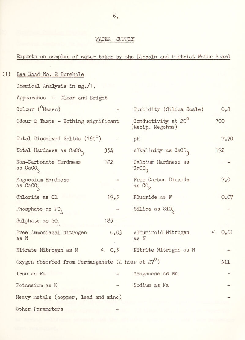 WATER SUPPLr Reports on samples of water taken by the Lincoln and District Water Board Lea Road No« 2 Borehole Chemical Analysis in mg./l . Appearance - Clear and Bright Colour (^Hazen) Odour & Taste - Nothing significant Total Dissolved Solids (180^) Total Hardness as CaCO^ Non-Carbonate Hardness as CaC0<^ 354 t82 Magnesium Hardness s CaCO^ a Chloride as Cl 19.5 Phosphate as PO, Sulphate as SO, Free Ammoniacal Nitrogen as N Nitrate Nitrogen as N 185 0.03 < 0.5 Oxygen absorbed from Permanganate (4 Iron as Fe Potassium as K Heavy metals (copper, lead and zinc) Turbidity (Silica Scale) Conductivity at 20*^ (Recip. Megohms) pH Alkalinity as CaCO^ Calcium Hardness as CaCO^ Free Carbon Dioxide as CO^ Fluoride as F Silica as SiO^ /ilbuminoid Nitrogen as N Nitrite Nitrogen as N hour at 2?^) Manganese as Mn Sodium as Na 0.8 700 7.70 172 7.0 0.07 0.01 Nil Other Parameters