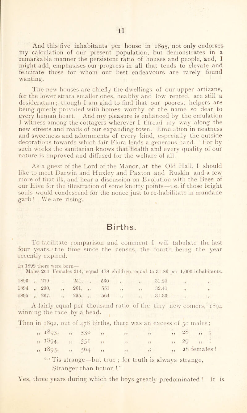 And this five inhabitants per house in 1895, not only endorses my calculation of our present population, but demonstrates in a remarkable manner the persistent ratio of houses and people, and, I might add, emphasises our progress in all that tends to elevate and felicitate those lor whom our best endeavours are rarely found wanting. The new houses are chiefly the dwellings of our upper artizans, for the lower strata smaller ones, healthy and low rented, are still a desideratum ; though I am glad to find that our poorest helpers are being quietly provided with homes worthy of the name so dear to every human heart. And my pleasure is enhanced by the emulation I witness among the cottagers wherever I thread my way along the new streets and roads of our expanding town. Emulation in neatness and sweetness and adornments of every kind, especially the outside decorations towards which fair Flora lends a generous hand. For by such works the sanitarian knows that health and every quality of our nature is improved and diffused for the welfare of all. As a guest of the Lord of the Manor, at the Old Hall, I should like to meet Darwin and Huxley and Paxton and Ruskin and a few more of that ilk, and hear a discussion on Evolution with the Bees of our Idive for the illustration of some knotty points—i.e. if those bright souls would condescend for the nonce just to rediabilitate in mundane garb ! We are rising. Births. To facilitate comparison and comment 1 will tabulate the last four years, the time since the census, the fourth being the year recently expired. In 1892 there were bom— Males 264, Females 214, equal 478 children, equal to 31.86 per 1,000 inhabitants. 1893 „ 279, „ 251, „ 530 „ „ 31.20 1894 „ 290, „ 261, „ 551 „ „ 32.41 1895 „ 267, „ 295, „ 564 ,, „ 31.33 A fairly equal per thousand ratio of the tiny new comers, 1894 winning the race by a head. Then in 1S92, out of 478 births, there was an excess of 50 males; ? > 1 ^ 9 3 > ” 53° ” > > 2 b ,, , ,, 1894? >> 551 ” 5? 55 ^9 5? 1 ,, 1S95, ,, 564 ,, ,, ,; ,, 28 females! u‘Tis strange—but true ; for truth is always strange, Stranger than fiction !” Yes, three years during which the boys greatly predominated ! It is