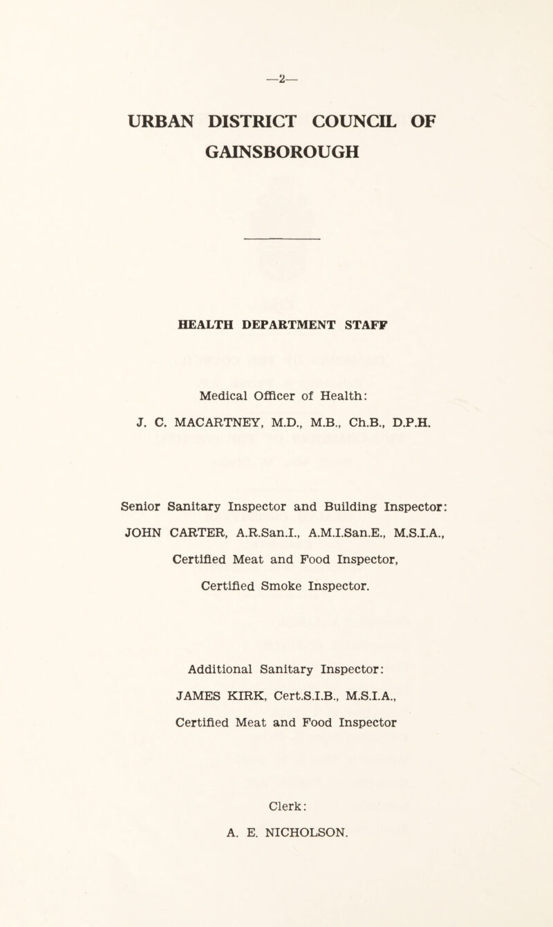 —2— URBAN DISTRICT COUNCIL OF GAINSBOROUGH HEALTH DEPARTMENT STAFF Medical Officer of Health: J. C. MACARTNEY, M.D., M.B., Ch.B., D.P.H. Senior Sanitary Inspector and Building Inspector: JOHN CARTER, A.R.San.I., A.M.I.San.E., M.S.I.A., Certified Meat and Food Inspector, Certified Smoke Inspector. Additional Sanitary Inspector: JAMES KIRK, Cert.S.I.B., M.S.I.A., Certified Meat and Food Inspector Clerk: A. E. NICHOLSON.