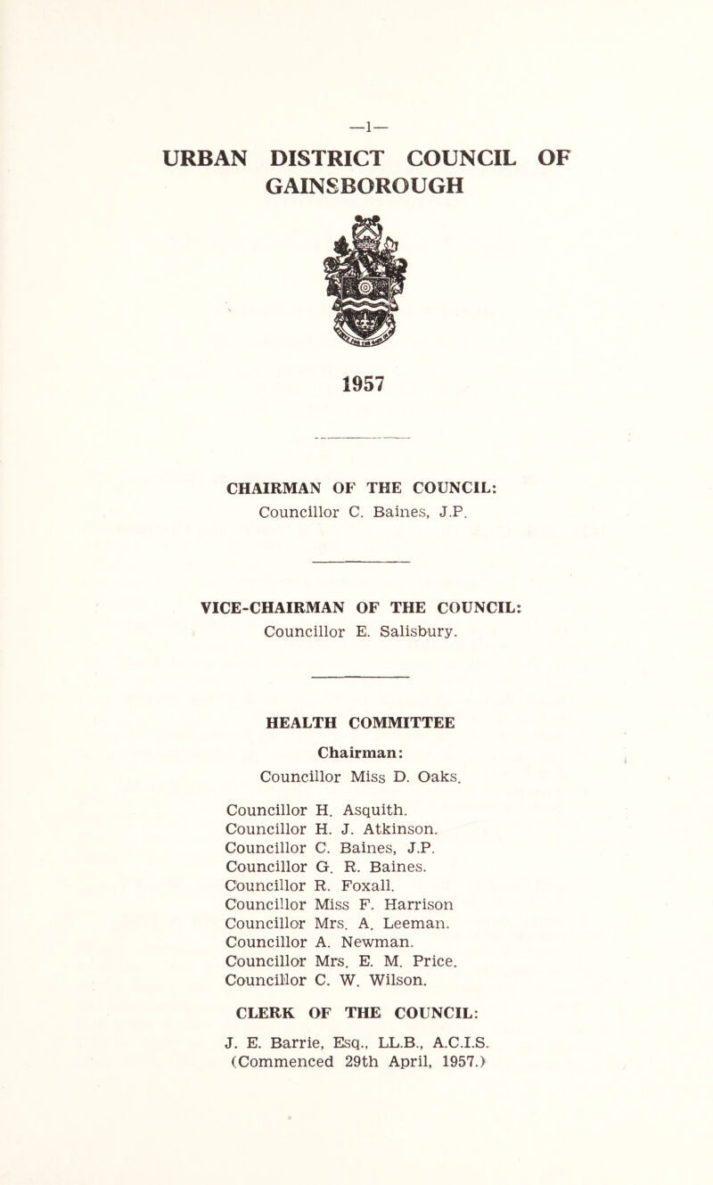 GAINSBOROUGH 1957 CHAIRMAN OF THE COUNCIL: Councillor C. Baines, J.P. VICE-CHAIRMAN OF THE COUNCIL: Councillor E. Salisbury. HEALTH COMMITTEE Chairman: Councillor Miss D. Oaks. Councillor H. Asquith. Councillor H. J. Atkinson. Councillor C. Baines, J.P. Councillor G. R. Baines. Councillor R. Foxall. Councillor Miss F. Harrison Councillor Mrs. A, Leeman. Councillor A. Newman. Councillor Mrs. E. M. Price. Councillor C. W. Wilson. CLERK OF THE COUNCIL: J. E. Barrie, Esq., LL.B., A.C.I.S. (Commenced 29th April, 1957.)