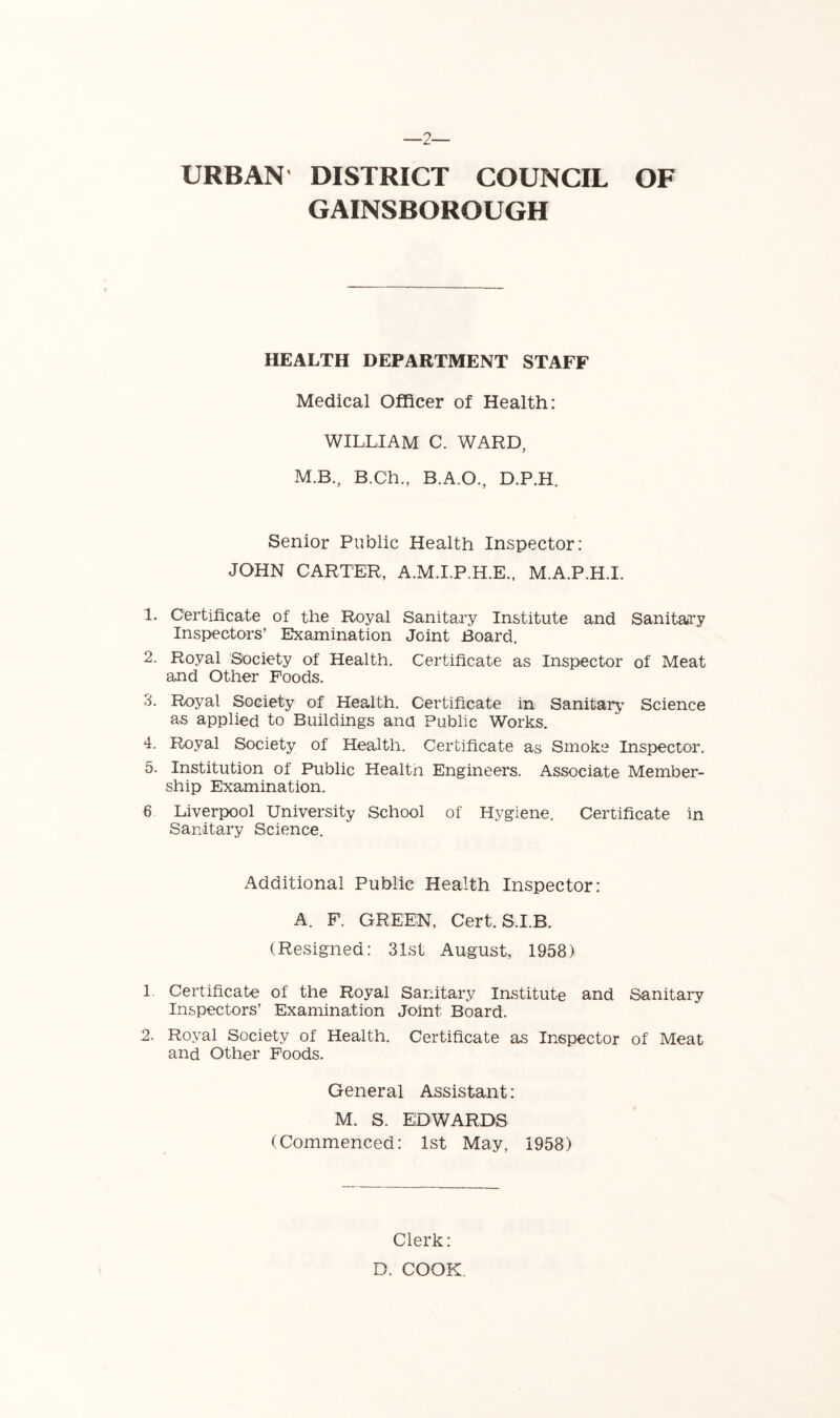 ■2— URBAN DISTRICT COUNCIL OF GAINSBOROUGH HEALTH DEPARTMENT STAFF Medical Officer of Health: WILLIAM C. WARD, M.B., B.Ch., B.A.O., D.P.H. Senior Public Health Inspector: JOHN CARTER, A.M.I.P.H.E., M.A.P.H.I. 1. Certificate of the Royal Sanitary Institute and Sanitairy Inspectors’ EJxamination Joint Board. 2. Royal Society of Health. Certificate as Inspector of Meat and Other Foods. 3. Royal Society of Health. Certificate in Sanitarj’ Science as applied to Buildings ana Public Works. 4. Royal Society of Health. Certificate as Smoke Inspector. 5. Institution of Public Healtn Engineers. Associate Member- ship Examination. 6 Liverpool University School of Hygiene. Certificate in Sanitary Science. Additional Public Health Inspector: A. F. GREEN, Cert. S.I.B. (Resigned: 31st August, 1958) 1. Certificate of the Royal Sanitary Institute and Sanitary Inspectors’ Examination Joint Board. 2. Royal Society of Health. Certificate as Inspector of Meat and Other Foods. General Assistant: M. S. EDWARDS (Commenced: 1st May, 1958) Clerk: D. COOK