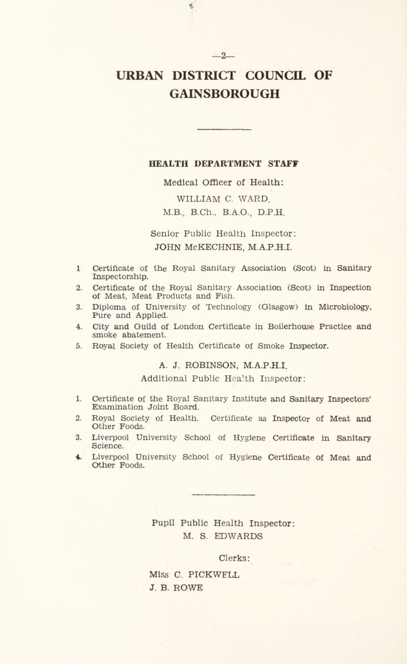 4 —2— URBAN DISTRICT COUNCIL OF GAINSBOROUGH HEALTH DEPARTMENT STAFF Medical Officer of Health: \ WILLIAM C. WARD, M.B., B.Ch., B.A.O., D.P.H. Senior Public Health Inspector: JOHN McKECHNIE, M.A.P.H.I. 1 Certificate of the Royal Sanitary Association (Scot) in Sanitary Inspectorship. 2. Certificate of the Royal Sanitary Association (Scot) in Inspection of Meat, Meat Products and Fish. 3. Diploma of University of Technology (Glasgow) in Microbiology, Pure and Applied. 4. City and Guild of London Certificate in Boilerhouse Practice and smoke abatement. 5. Royal Society of Health Certificate of Smoke Inspector. A. J. ROBINSON, M.A.P.H.I. Additional Public Health Inspector: 1. Certificate of the Royal Sanitary Institute and Sanitary Inspectors’ Examination Joint Board. 2. Royal Society of Health. Certificate as Inspector of Meat and Other Foods. 3. Liverpool University School of Hygiene Certificate in Sanitary Science. 4. Liverpool University School of Hygiene Certificate of Meat and Other Foods. Pupil Public Health Inspector: M. S. EDWARDS Clerks: Miss C. PICKWFLL J. B. ROWE