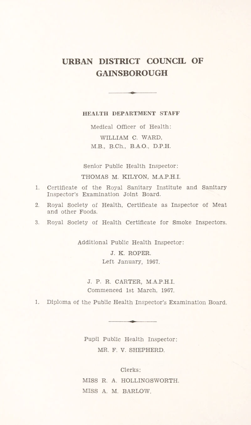 URBAN DISTRICT COUNCIL OF GAINSBOROUGH HEALTH DEPARTMENT STAFF Medical Officer of Health: WILLIAM C. WARD, M.B., B.Ch., B.A.O., D.P.H. Senior Public Health Inspector: THOMAS M. KILYON, M.A.P.H.I. 1. Certificate of the Royal Sanitary Institute and Sanitary Inspector’s Examination Joint Board. 2. Royal Society of Health, Certificate as Inspector of Meat and other Foods. 3. Royal Society of Health Certificate for Smoke Inspectors. Additional Public Health Inspector: J. K. ROPER. Left January, 1967. J. P. R. CARTER, M.A.P.H.I. Commenced 1st March, 1967. 1. Diploma of the Public Health Inspector’s Examination Board. Pupil Public Health Inspector: MR. F. V. SHEPHERD. Clerks: MISS R. A. HOLLINGSWORTH. MISS A. M. BARLOW.