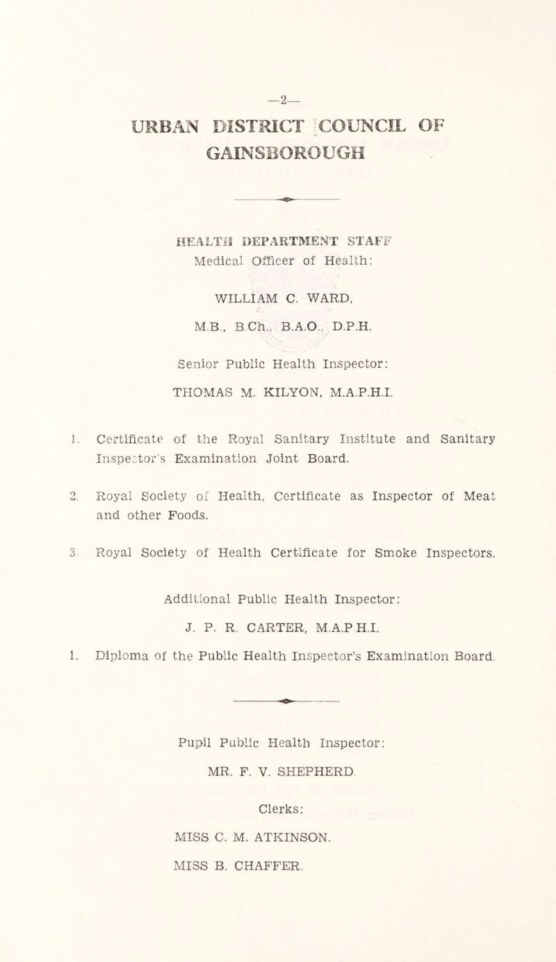 URBAN DISTRICT COUNCIL OF GAINSBOROUGH HEALTil DEPARTMENT STAFF Medical Officer of Health: WILLIAM C. WARD, MB., B.Ch., B.A.O., D.P.H. Senior Public Health Inspector; THOMAS M. KILYON, M.A.P.H.I. J. Certificate of the Royal Sanitary Institute and Sanitary Inspector’s Examination Joint Board. 2. Royal Society of Health, Certificate as Inspector of Mea and other Foods. 3. Royal Society of Health Certificate for Smoke Inspectors. Additional Public Health Inspector; J. P. R. CARTER, M.A.PH.I. 1. Diploma of the Public Health Inspector’s Examination Board. Pupil Public Health Inspector: MR. F. V. SHEPHERD. Clerks; MISS C. M. ATKINSON. MISS B. CHAFFER.