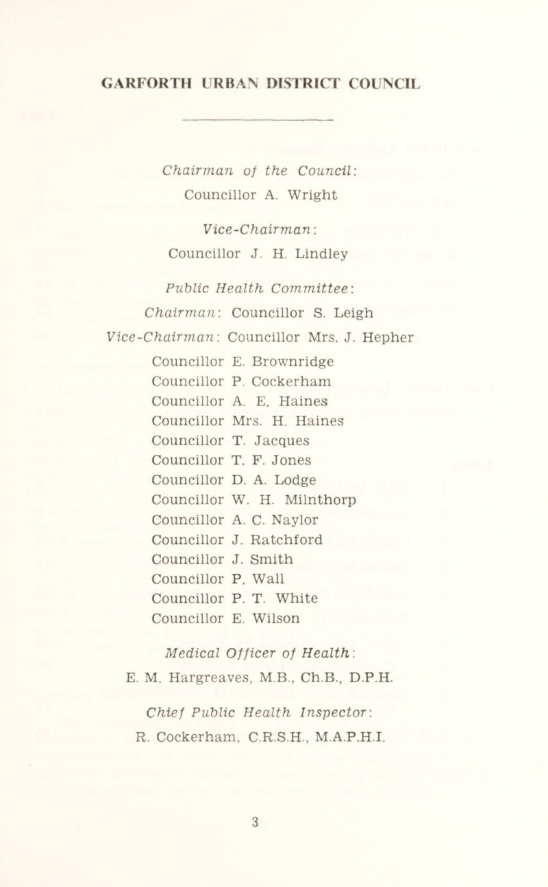 GARFORTH URBAN DISTRICT COUNCIL Chairman of the Council: Councillor A. Wright Vice-Chairman: Councillor J. H. Lindley Public Health Committee: Chairman: Councillor S. Leigh Vice-Chairman: Councillor Mrs. J. Hepher Councillor E. Brownridge Councillor P. Cockerham Councillor A. E. Haines Councillor Mrs. H. Haines Councillor T. Jacques Councillor T. F. Jones Councillor D. A. Lodge Councillor W. H. Milnthorp Councillor A. C. Naylor Councillor J. Ratchford Councillor J. Smith Councillor P. Wall Councillor P. T. White Councillor E. Wilson Medical Officer of Health: E. M. Hargreaves, M.B., Ch.B., D.P.H. Chief Public Health Inspector: R. Cockerham, C.R.S.H., M.A.P.H.I.