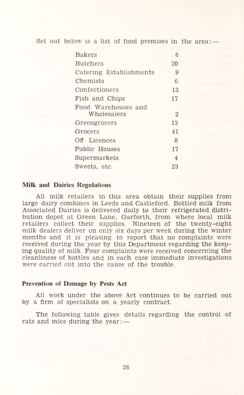 Set out below is a list of food premises in the area: — Bakers Butchers Catering Establishments Chemists Confectioners Fish and Chips Food Warehouses and 6 20 9 6 13 17 Wholesalers Greengrocers Grocers Off Licences Public Houses Supermarkets Sweets, etc. 2 13 41 8 17 4 23 Milk and Dairies Regulations All milk retailers in this area obtain their supplies from large dairy combines in Leeds and Castleford. Bottled milk from Associated Dairies is delivered daily to their refrigerated distri- bution depot at Green Lane, Garforth, from where local milk retailers collect their supplies. Nineteen of the twenty-eight milk dealers deliver on only six days per week during the winter months and it is pleasing to report that no complaints were received during the year by this Department regarding the keep- ing quality of milk. Four complaints were received concerning the cleanliness of bottles and in each case immediate investigations were carried out into the cause of the trouble. Prevention of Damage by Pests Act All work under the above Act continues to be carried out by a firm of specialists on a yearly contract. The following table gives details regarding the control of rats and mice during the year: —