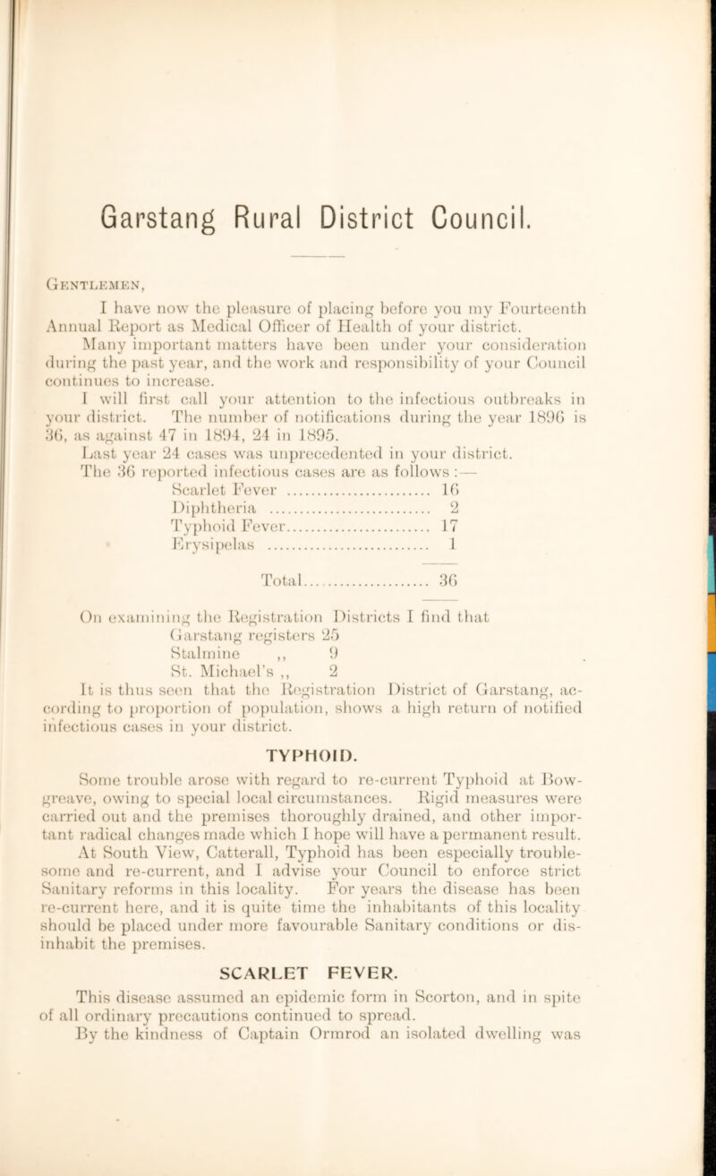 Garstang Rural District Counci Gentlemen, I have now the pleasure of placing before you my Fourteenth Annual Report as Medical Officer of Health of your district. Many important matters have been under your consideration during the past year, and the work and responsibility of your Council continues to increase. 1 will first call your attention to the infectious outbreaks in your district. The number of notifications during the year 189G is 36, as against 47 in 1894, 24 in L895. Last year 24 cases was unprecedented in your district. The 36 reported infectious cases are as follows :— Scarlet Fever 16 Diphtheria 2 Typhoid Fever 17 Erysipelas 1 Total 36 On examining the Registration Districts I find that Garstang registers 25 Stalmine ,, 9 St. Michael’s ,, 2 It is thus seen that the Registration District of Garstang, ac- cording to proportion of population, shows a high return of notified infectious cases in your district. TYPHOID. Some trouble arose with regard to re-current Typhoid at Bow- greave, owing to special local circumstances. Rigid measures were carried out and the premises thoroughly drained, and other impor- tant radical changes made which I hope will have a permanent result. At South View, Catterall, Typhoid has been especially trouble- some and re-current, and I advise your Council to enforce strict Sanitary reforms in this locality. For years the disease has been re-current here, and it is quite time the inhabitants of this locality should be placed under more favourable Sanitary conditions or dis- inhabit the premises. SCARLET FEVER. This disease assumed an epidemic form in Scorton, and in spite of all ordinary precautions continued to spread. By the kindness of Captain Ormrod an isolated dwelling was