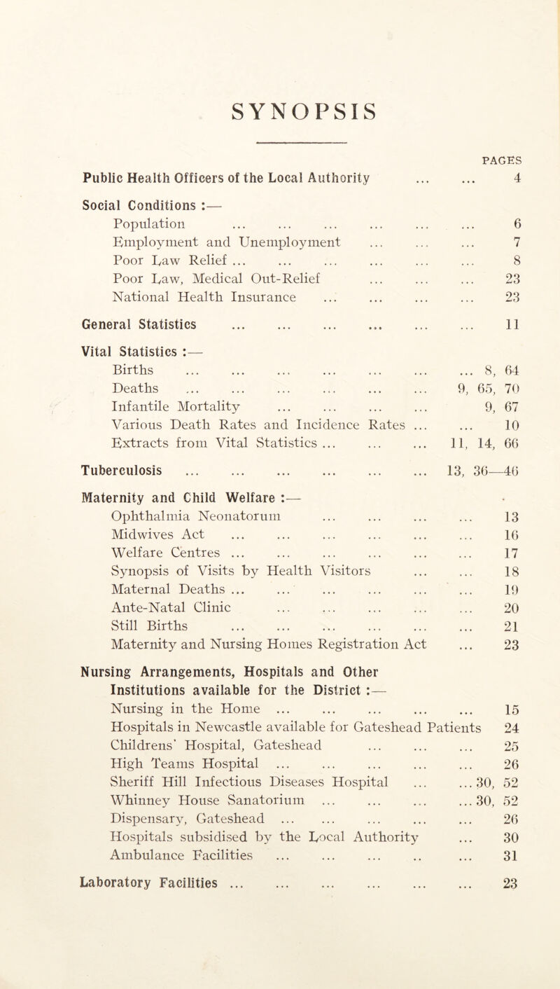 SYNOPSIS PAGES Public Health Officers of the Local Authority ... ... 4 Social Conditions :— Population ... ... ... ... ... ... 6 Employment and Unemployment ... ... ... 7 Poor Law Relief ... ... ... ... ... ... 8 Poor Raw, Medical Out-Relief ... ... ... 23 National Health Insurance ... ... ... ... 23 General Statistics ... .. ... ... 11 Vital Statistics :— Births ... ... ... ... ... ... ... 8, 64 Deaths ... ... ... ... ... ... 9, 65, 70 Infantile Mortality ... ... ... ... 9, 67 Various Death Rates and Incidence Rates ... ... 10 Extracts from Vital Statistics ... ... ... 11, 14, 66 Tuberculosis 13, 36—46 Maternity and Child Welfare :— Ophthalmia Neonatorum ... ... ... ... 13 Midwives Act ... ... ... ... ... ... 16 Welfare Centres ... ... ... ... ... ... 17 Synopsis of Visits by Health Visitors ... ... 18 Maternal Deaths ... ... ... ... ... ... 19 Ante-Natal Clinic ... ... ... ... ... 20 Still Births ... ... ... ... ... ... 21 Maternity and Nursing Homes Registration Act ... 23 Nursing Arrangements, Hospitals and Other Institutions available for the District :— Nursing in the Home ... ... ... ... ... 15 Hospitals in Newcastle available for Gateshead Patients 24 Childrens’ Hospital, Gateshead ... ... ... 25 High Teams Hospital ... ... ... ... ... 26 Sheriff Hill Infectious Diseases Hospital ... ... 30, 52 Whinney House Sanatorium ... ... ... ...30, 52 Dispensary, Gateshead ... ... ... 26 Hospitals subsidivSed by the Eoeal Authority ... 30 Ambulance Facilities ... ... ... .. ... 31 23 Laboratory Facilities ...