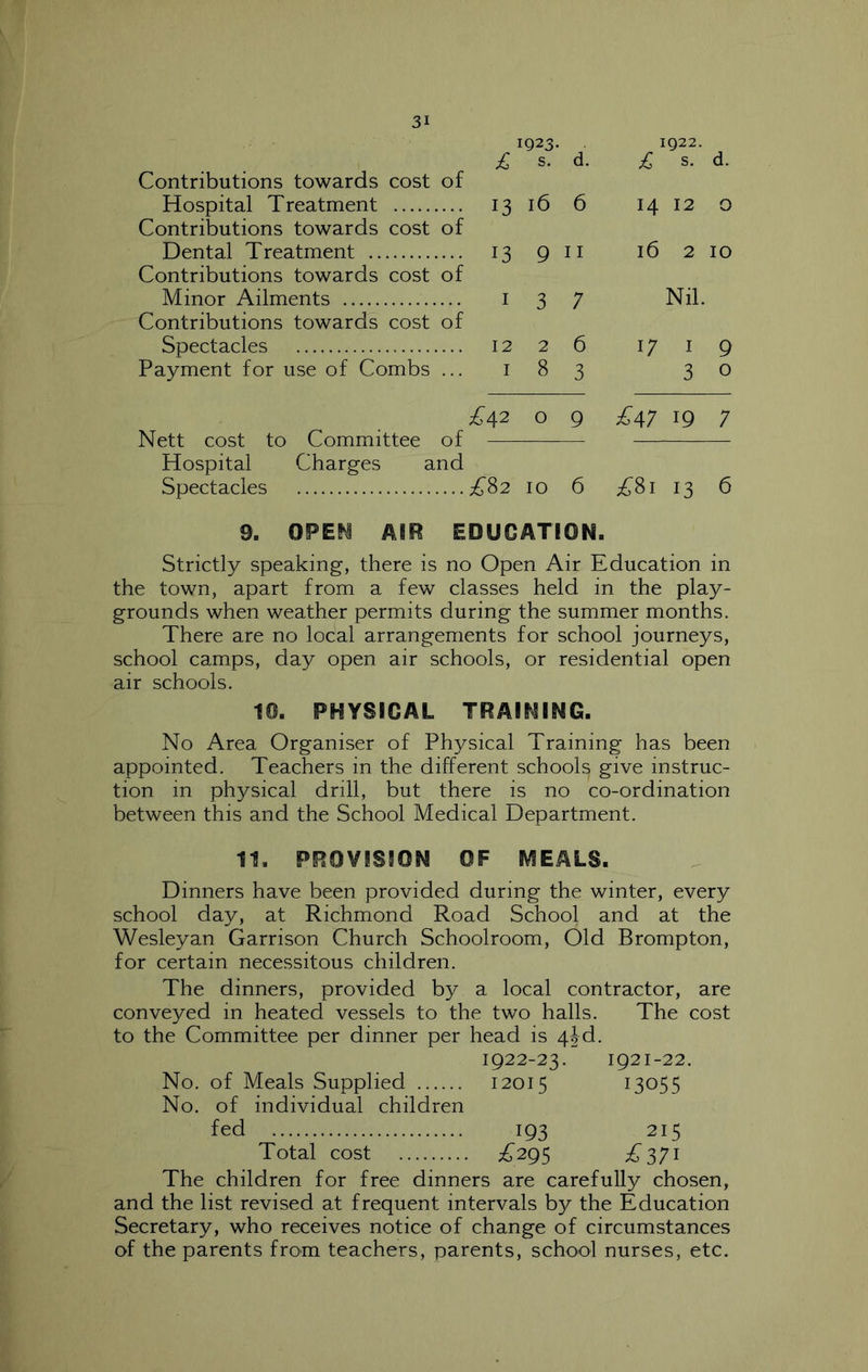 £ 1923. S. d. 1922. £ s. d. Contributions towards cost of Hospital Treatment Contributions towards cost of 13 16 6 14 12 0 Dental Treatment Contributions towards cost of 13 9 11 16 2 10 Minor Ailments Contributions towards cost of I 3 7 Nil. Spectacles 12 2 6 17 I 9 Payment for use of Combs ... I 8 3 3 0 Nett cost to Committee of ;C42 0 9 £A7 19 7 Hospital Charges and Spectacles £?>2 10 6 £?>i 13 6 9. OPEN AIR EDUCATION. Strictly speaking, there is no Open Air Education in the town, apart from a few classes held in the play- grounds when weather permits during the summer months. There are no local arrangements for school journeys, school camps, day open air schools, or residential open air schools. 10. PHYSICAL TRAILING. No Area Organiser of Physical Training has been appointed. Teachers in the different schools give instruc- tion in physical drill, but there is no co-ordination between this and the School Medical Department. 11. PROVISION OF IVSEALS. Dinners have been provided during the winter, every school day, at Richmond Road School and at the Wesleyan Garrison Church Schoolroom, Old Brompton, for certain necessitous children. The dinners, provided by a local contractor, are conveyed in heated vessels to the two halls. The cost to the Committee per dinner per head is 4jd. 1922-23. 1921-22. No. of Meals Supplied 12015 13055 No. of individual children fed 193 215 Total cost ;^295 £?>7^ The children for free dinners are carefully chosen, and the list revised at frequent intervals by the Education Secretary, who receives notice of change of circumstances of the parents from teachers, parents, school nurses, etc.