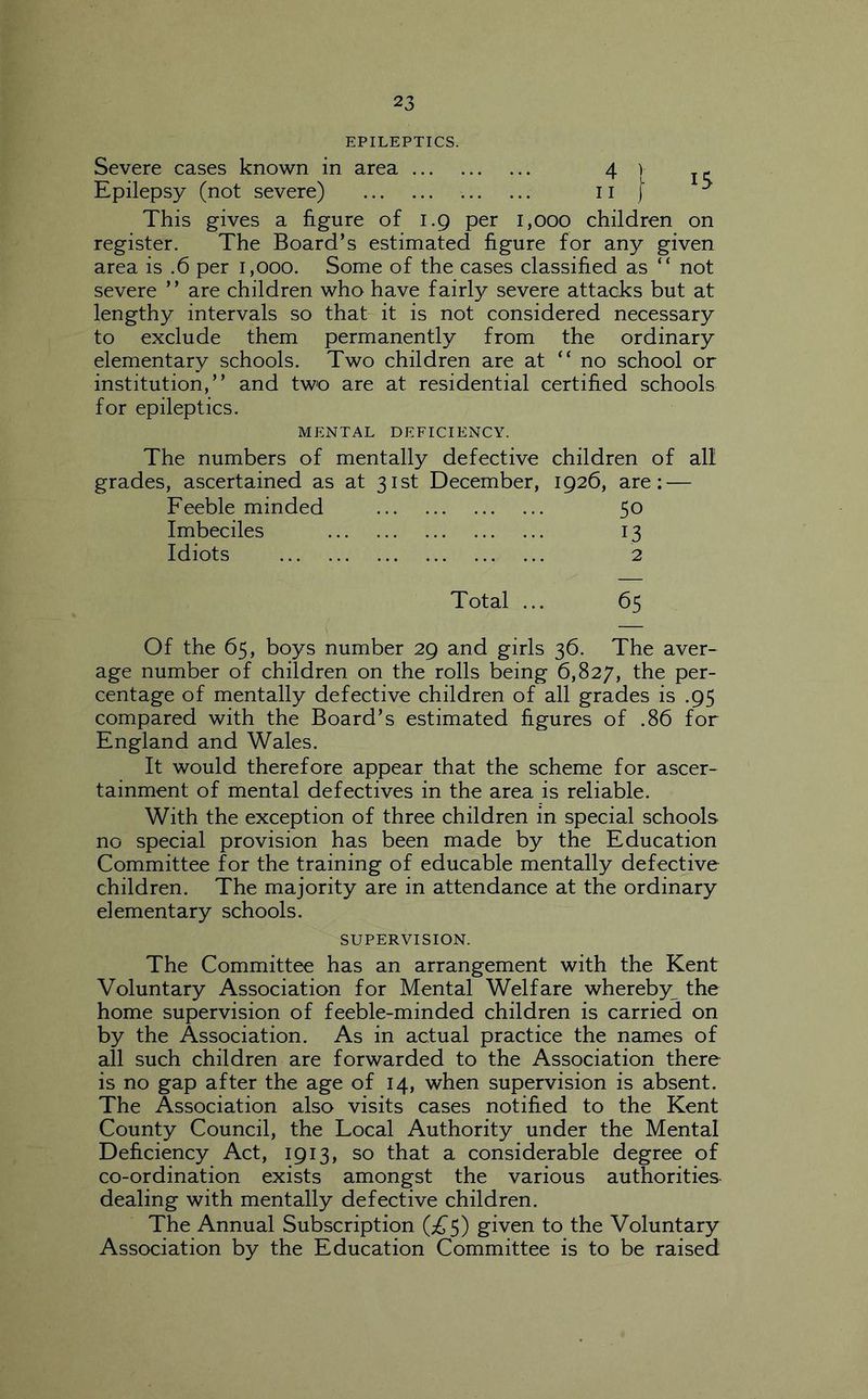 EPILEPTICS. Severe cases known in area 4 v j- Epilepsy (not severe) 11 ^ This gives a figure of 1.9 per 1,000 children on register. The Board’s estimated figure for any given area is .6 per 1,000. Some of the cases classified as “ not severe ” are children who have fairly severe attacks but at lengthy intervals so that it is not considered necessary to exclude them permanently from the ordinary elementary schools. Two children are at “no school or institution,’’ and two are at residential certified schools for epileptics. MENTAL DEFICIENCY. The numbers of mentally defective children of all grades, ascertained as at 31st December, 1926, are: — Feeble minded 50 Imbeciles 13 Idiots 2 Total ... 65 Of the 65, boys number 29 and girls 36. The aver- age number of children on the rolls being 6,827, the per- centage of mentally defective children of all grades is .95 compared with the Board’s estimated figures of .86 for England and Wales. It would therefore appear that the scheme for ascer- tainment of mental defectives in the area is reliable. With the exception of three children in special schools no special provision has been made by the Education Committee for the training of educable mentally defecdve children. The majority are in attendance at the ordinary elementary schools. SUPERVISION. The Committee has an arrangement with the Kent Voluntary Association for Mental Welfare whereby the home supervision of feeble-minded children is carried on by the Association. As in actual practice the names of all such children are forwarded to the Association there is no gap after the age of 14, when supervision is absent. The Association also visits cases notified to the Kent County Council, the Local Authority under the Mental Deficiency Act, 1913, so that a considerable degree of co-ordination exists amongst the various authorities dealing with mentally defective children. The Annual Subscription (i^5) given to the Voluntary Association by the Education Committee is to be raised