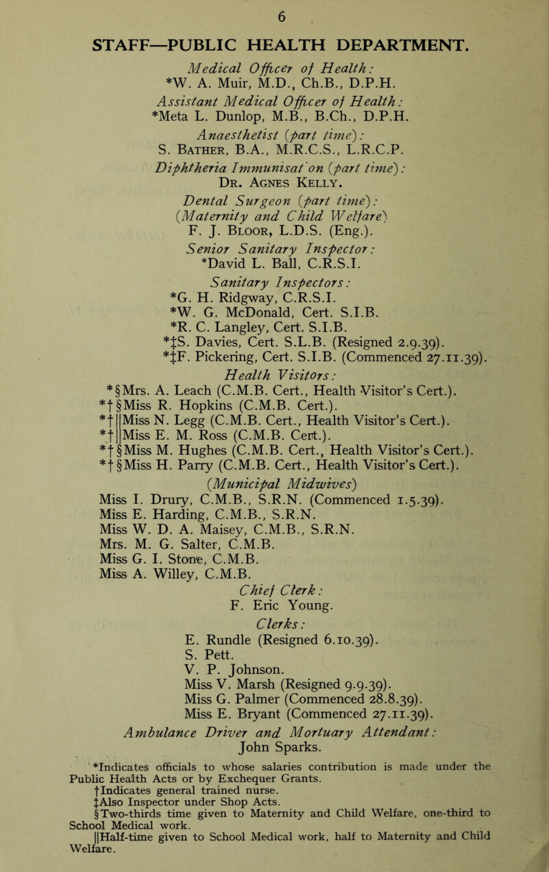 STAFF—PUBLIC HEALTH DEPARTMENT. Medical Officer of Health: *W. A. Muir, M.D., Ch.B., D.P.H. Assistant Medical Officer of Health: *Meta L. Dunlop, M.B., B.Ch., D.P.H. Anaesthetist (part time): S. Bather, B.A., M.R.C.S., L.R.C.P. Diphtheria Immunisat on {part time): Dr. Agnes Kelly. Dental Surgeon {part time): {Maternity and Child Welfare) F. J. Bloor, L.D.S. (Eng.). Senior Sanitary Inspector: ♦David L. Ball, C.R.S.I. Sanitary Inspectors: *G. H. Ridgway, C.R.S.I. *W. G. McDonald, Cert. S.I.B. *R. C. Langley, Cert. S.I.B. *{S. Davies, Cert. S.L.B. (Resigned 2.9.39). *}F. Pickering, Cert. S.I.B. (Commenced 27.11.39). Health Visitors: *§Mrs. A. Leach (C.M.B. Cert., Health Visitor’s Cert.). *f§Miss R. Hopkins (C.M.B. Cert.). *f |Miss N. Legg (C.M.B. Cert., Health Visitor’s Cert.). *f |Miss E. M. Ross (C.M.B. Cert.). *f§Miss M. Hughes (C.M.B. Cert., Health Visitor’s Cert.). *f §Miss H. Parry (C.M.B. Cert., Health Visitor’s Cert.). {Municipal Midwives) Miss I. Drury, C.M.B., S.R.N. (Commenced 1.5.39). Miss E. Harding, C.M.B., S.R.N. Miss W. D. A. Maisey, C.M.B., S.R.N. Mrs. M. G. Salter, C.M.B. Miss G. I. Stone, C.M.B. Miss A. Willey, C.M.B. Chief Clerk: F. Eric Young. Clerks: E. Rundle (Resigned 6.10.39). S. Pett. V. P. Johnson. Miss V. Marsh (Resigned 9.9.39). Miss G. Palmer (Commenced 28.8.39). Miss E. Bryant (Commenced 27.11.39). Ambulance Driver and Mortuary Attendant: John Sparks. ♦Indicates officials to whose salaries contribution is made under the Public Health Acts or by Exchequer Grants, f Indicates general trained nurse. JAlso Inspector under Shop Acts. § Two-thirds time given to Maternity and Child Welfare, one-third to School Medical work. 11Half-time given to School Medical work, half to Maternity and Child Welfare.