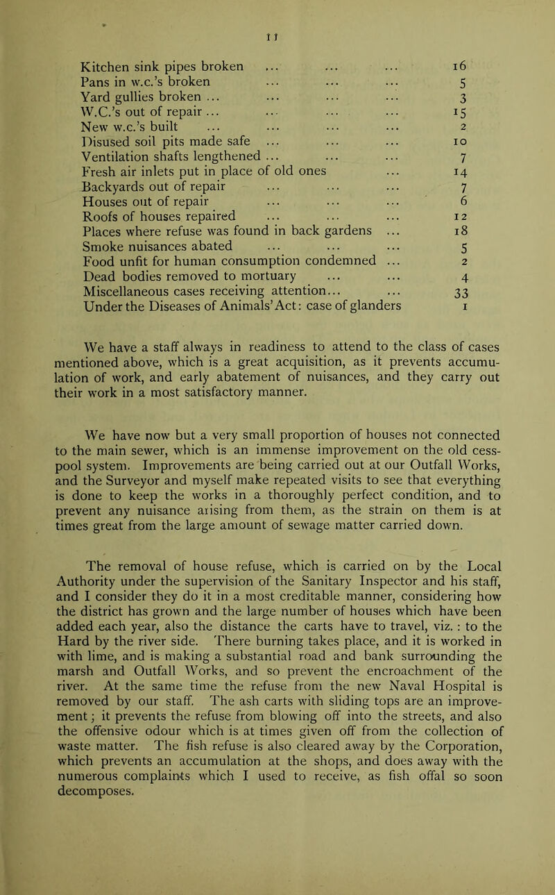 Kitchen sink pipes broken Pans in w.c.’s broken Yard gullies broken ... W.C.’s out of repair ... New w.c.’s built Disused soil pits made safe Ventilation shafts lengthened ... Fresh air inlets put in place of old ones Backyards out of repair Houses out of repair Roofs of houses repaired Places where refuse was found in back gardens ... Smoke nuisances abated Food unfit for human consumption condemned ... Dead bodies removed to mortuary Miscellaneous cases receiving attention... Under the Diseases of Animals’Act: case of glanders 16 5 3 i5 2 10 7 14 7 6 4 33 12 18 5 2 1 We have a staff always in readiness to attend to the class of cases mentioned above, which is a great acquisition, as it prevents accumu- lation of work, and early abatement of nuisances, and they carry out their work in a most satisfactory manner. We have now but a very small proportion of houses not connected to the main sewer, which is an immense improvement on the old cess- pool system. Improvements are being carried out at our Outfall Works, and the Surveyor and myself make repeated visits to see that everything is done to keep the works in a thoroughly perfect condition, and to prevent any nuisance arising from them, as the strain on them is at times great from the large amount of sewage matter carried down. The removal of house refuse, which is carried on by the Local Authority under the supervision of the Sanitary Inspector and his staff, and I consider they do it in a most creditable manner, considering how the district has grown and the large number of houses which have been added each year, also the distance the carts have to travel, viz. : to the Hard by the river side. There burning takes place, and it is worked in with lime, and is making a substantial road and bank surrounding the marsh and Outfall Works, and so prevent the encroachment of the river. At the same time the refuse from the new Naval Hospital is removed by our staff. The ash carts with sliding tops are an improve- ment ; it prevents the refuse from blowing off into the streets, and also the offensive odour which is at times given off from the collection of waste matter. The fish refuse is also cleared away by the Corporation, which prevents an accumulation at the shops, and does away with the numerous complaints which I used to receive, as fish offal so soon decomposes.