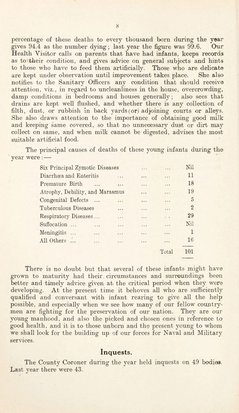 peTcentage of these deaths to every thousand born during the year gives 94.4 as the number dying; last year the figure was 99.6. Our Health Visitor calls on parents that have had infants, keeps records as to their condition, and gives advice on general subjects and hints to those who have to feed them artificially. Those who are delicate are kept under observation until improvement takes place. She also notifies to the Sanitary Officers any condition that should receive attention, viz., in regard to uncleanliness in the house, overcrowding, damp conditions in bedrooms and houses generally; also sees that drains are kept well flushed, and whether there is any collection of filth, dust, or rubbish in back yards (or) adjoining courts or alleys. She also draws attention to the importance of obtaining good milk and keeping same covered, so that no unnecessary dust or dirt may collect on same, and when milk cannot be digested, advises the most suitable artificial food. The principal causes of deaths of these young infants during the year were: — Six Principal Zymotic Diseases ... ... Nil Diarrhoea and Enteritis ... ... ... 11 Premaiure Birth ... ... ... ... 18 Atrophy, Debility, and Marasmus ... ... 19 Congenital Defects ... ... ... ... 5 Tuberculous Diseases ... ... ... 2 Respiratory Diseases... ... ... .. 29 Suffocation ... ... ... ... ... Nil Meningitis ... ... ... ... ... 1 All Others ... ... ... ... ... 16 Total 101 There is no doubt but that several of these infants might have grown to maturity had their circumstances and surroundings been better and timely advice given at the critical period when they were developing. At the present time it behoves all who are sufficiently qualified and conversant with infant rearing to give all the help possible, and especially when we see how many of our fellow country- men are fighting for the preservation of our nation. They are our young manhood, and also the picked and chosen ones in reference to^ good health, and it is to those unborn and the present young tO' whom we shall look for the building up of our forces for Naval and Mihtary services. Inquests. The County Coroner during the year held inquests on 49 bodies. Last year there were 43.