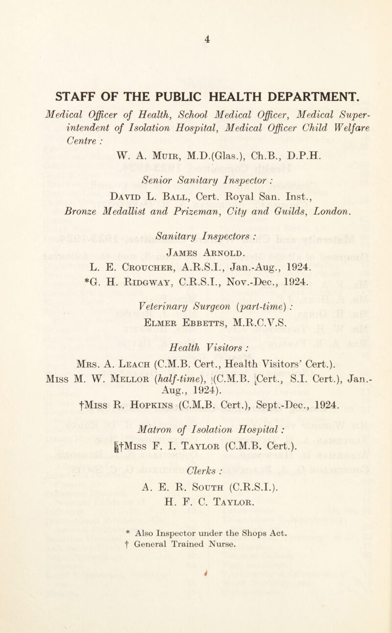 STAFF OF THE PUBLIC HEALTH DEPARTMENT. Medical Officer of Health, School Medical Officer, Medical Super- intendent of Isolation Hospital, Medical Officer Child Welfare Centre : W. A. Mum, M.D.(Glas.), Ch.B., D.P.H. Senior Sanitary Inspector : David L. Ball, Cert. Royal San. Inst., Bronze Medallist and Prizeman, City and Guilds, London. Sanitary Inspectors : James Arnold. L. E. Croucher, A.R.S.I., Jan.-Aug., 1924. *G. H. Ridgway, C.R.S.T., Nov.-Dec., 1924. Veterinary Surgeon {part-time) : Elmer Ebbetts, M.R.C.V.S. Health Visitors : Mrs. a. Leach (C.M.B. Cert., Health Visitors’ Cert.). Miss M. W. Mellor {half-time), j(C.M.B. [Cert., S.I. Cert.), Jan.- Aug., 1924). IMiss R. Hopkins (C.M.B. Cert.), Sept.-Dec., 1924. Matron of Isolaiion Hospital: If Miss F. I. Taylor (C.M.B. Cert.). Clerks : A. E. R. South (C.R.S.I.). H. F. C. Taylor. * Also Inspector under the Shops Act. t General Trained Nurse. 4