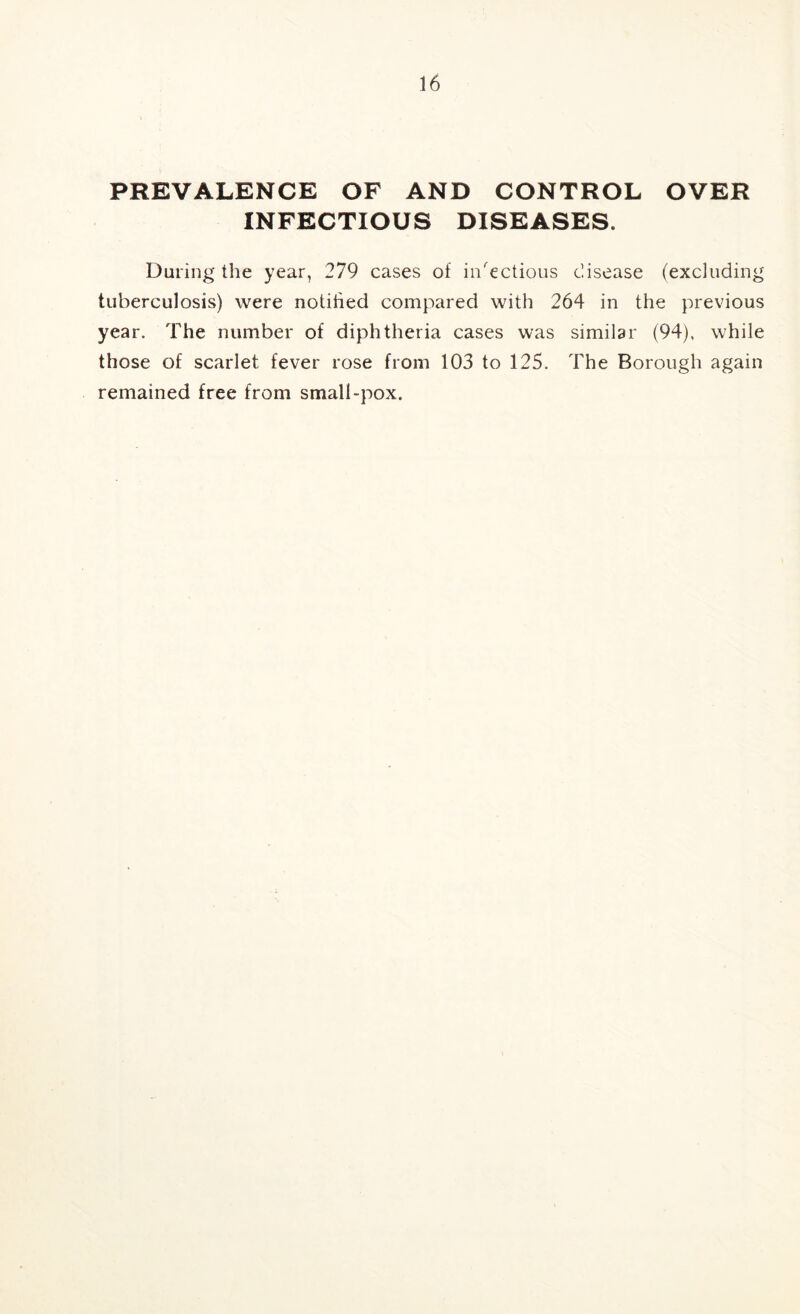 PREVALENCE OF AND CONTROL OVER INFECTIOUS DISEASES. During the year, 279 cases of infectious disease (excluding tuberculosis) were notihed compared with 264 in the previous year. The number of diphtheria cases was similar (94), while those of scarlet fever rose from 103 to 125. The Borough again remained free from small-pox.
