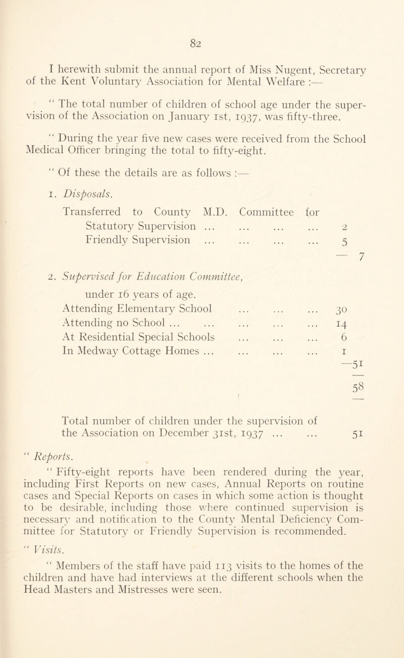 I herewith submit the annual report of Miss Nugent, Secretary of the Kent Voluntary Association for Mental Welfare :— “ The total number of children of school age under the super- vision of the Association on January ist, 1937, was fifty-three. “ During the year five new cases were received from the School Medical Officer bringing the total to fifty-eight. “ Of these the details are as follows :— 1. Disposals. Transferred to County M.D. Committee {or Statutory Supervision ... ... ... ... 2 Friendly Supervision ... ... ... ... 5 — 7 2. Supervised for Education Committee, under 16 years of age. Attending Elementary School ... ... ... 30 Attending no School ... ... ... ... ... 14 At Residential Special Schools ... ... ... 6 In Medway Cottage Homes ... ... ... ... 1 —5i 58 Total number of children under the supervision of the Association on December 31st, 1937 ... ... 51 “ Reports. “ Fifty-eight reports have been rendered during the year, including First Reports on new cases, Annual Reports on routine cases and Special Reports on cases in which some action is thought to be desirable, including those where continued supervision is necessary and notification to the County Mental Deficiency Com- mittee for Statutory or Friendfy Supervision is recommended. Visits. “ Members of the staff have paid 113 visits to the homes of the children and have had interviews at the different schools when the Head Masters and Mistresses were seen.