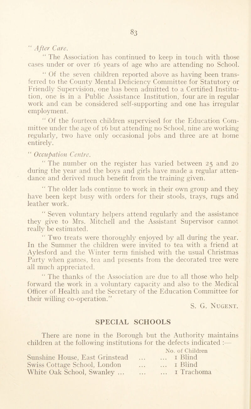 S3 “ After Care. “ The Association has continued to keep in touch with those cases under or over 16 years of age who are attending no School. “ Of the seven children reported above as having been trans- ferred to the County Mental Deficiency Committee for Statutory or Friendly Supervision, one has been admitted to a Certified Institu- tion, one is in a Public Assistance Institution, four are in regular work and can be considered self-supporting and one has irregular employment. “ Of the fourteen children supervised for the Education Com- mittee under the age of 16 but attending no School, nine are working regularly, two have only occasional jobs and three are at home entirely. “ Occupation Centre. “ The number on the register has varied between 25 and 20 during the year and the boys and girls have made a regular atten- dance and derived much benefit from the training given. “ The older lads continue to work in their own group and they have been kept busy with orders for their stools, trays, rugs and leather work. “ Seven voluntary helpers attend regularly and the assistance they give to Mrs. Mitchell and the Assistant Supervisor cannot really be estimated. Two treats were thoroughly enjoyed by all during the year. In the Summer the children were invited to tea with a friend at Aylesford and the Winter term finished with the usual Christmas Party when games, tea and presents from the decorated tree were all much appreciated. “ The thanks of the Association are due to all those who help forward the work in a voluntary capacity and also to the Medical Officer of Health and the Secretary of the Education Committee for their willing co-operation S. G. Nugent. SPECIAL SCHOOLS There are none in the Borough but the Authority maintains children at the following institutions for the defects indicated No. of Children Sunshine House, East Grinstead ... ... 1 Blind Swiss Cottage School, London ... ... 1 Blind White Oak School, Swanley ... ... ... 1 Trachoma