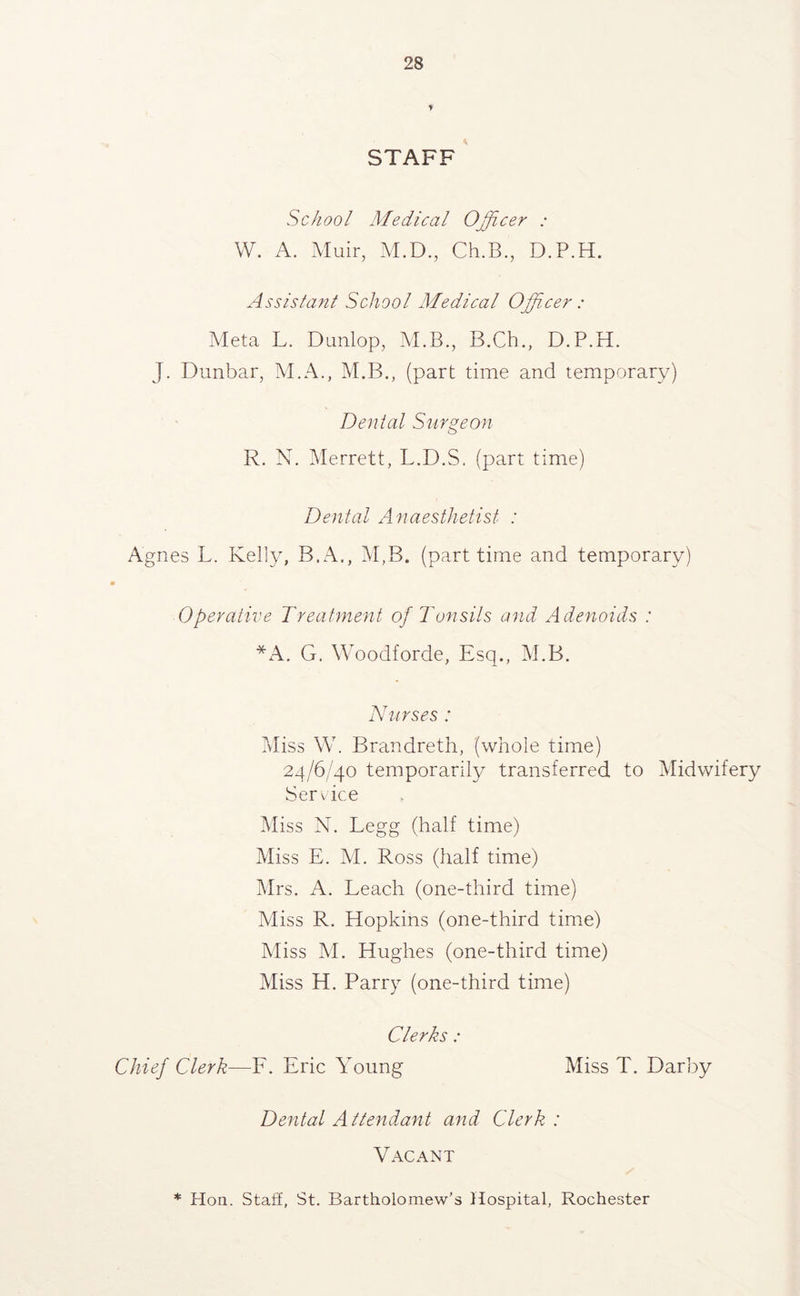 STAFF School Medical Officer : W. A. Muir, M.D., Ch.B., D.P.H. Assistant School Medical Officer: Meta L. Dunlop, M.B., B.Ch., D.P.H. J. Dunbar, M.A., M.B., (part time and temporary) Denial Surgeon R. N. IMerrett, L.D.S. (part time) Dental Anaesthetist : Agnes L. Kelly, B.A., M,B. (part time and temporary) Operative Treatment of Tonsils and Adenoids : *A. G. Woodforde, Esq., M.B. Nurses : Miss W. Brandreth, (whole time) 24/6/40 temporarily transferred to Midwifery Service Miss N. Legg (half time) Miss E. M. Ross (half time) Mrs. A. Leach (one-third time) Aliss R. Hopkins (one-third time) Miss M. Hughes (one-third time) Miss H. Parry (one-third time) Clerks : Chief Clerk—E. Eric Young Miss T. Darby Dental Attendant and Clerk: Vacant * Hon. Staff, St. Bartholomew’s Hospital, Rochester