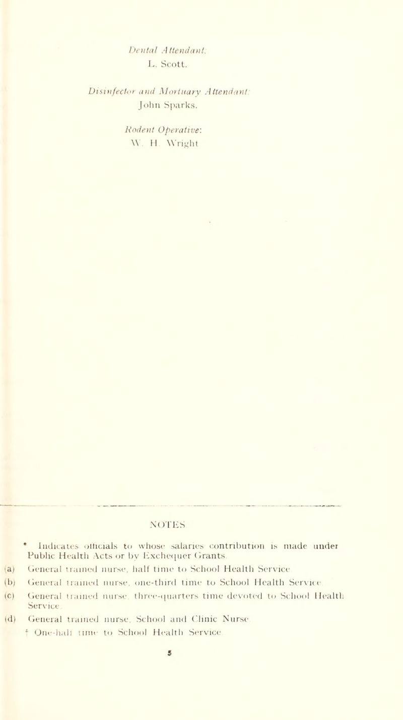 Dental Attendant. L. Scott. Disinfector and Mortuary Attendant John Sparks. Rodent Operative: \\ II Wright NOTES * Indicates olliciais to whose salaries contribution is made under Public Health Acts or by Exchequer Grants a) General trained nurse, half time to School Health Service |b) General trained nurse one-third time to School Health Service ic) General named nurse three-quarters time devoted to School Health Service id) General trained nurse. School and Clinic Nurse i One-hall time to School Health Service