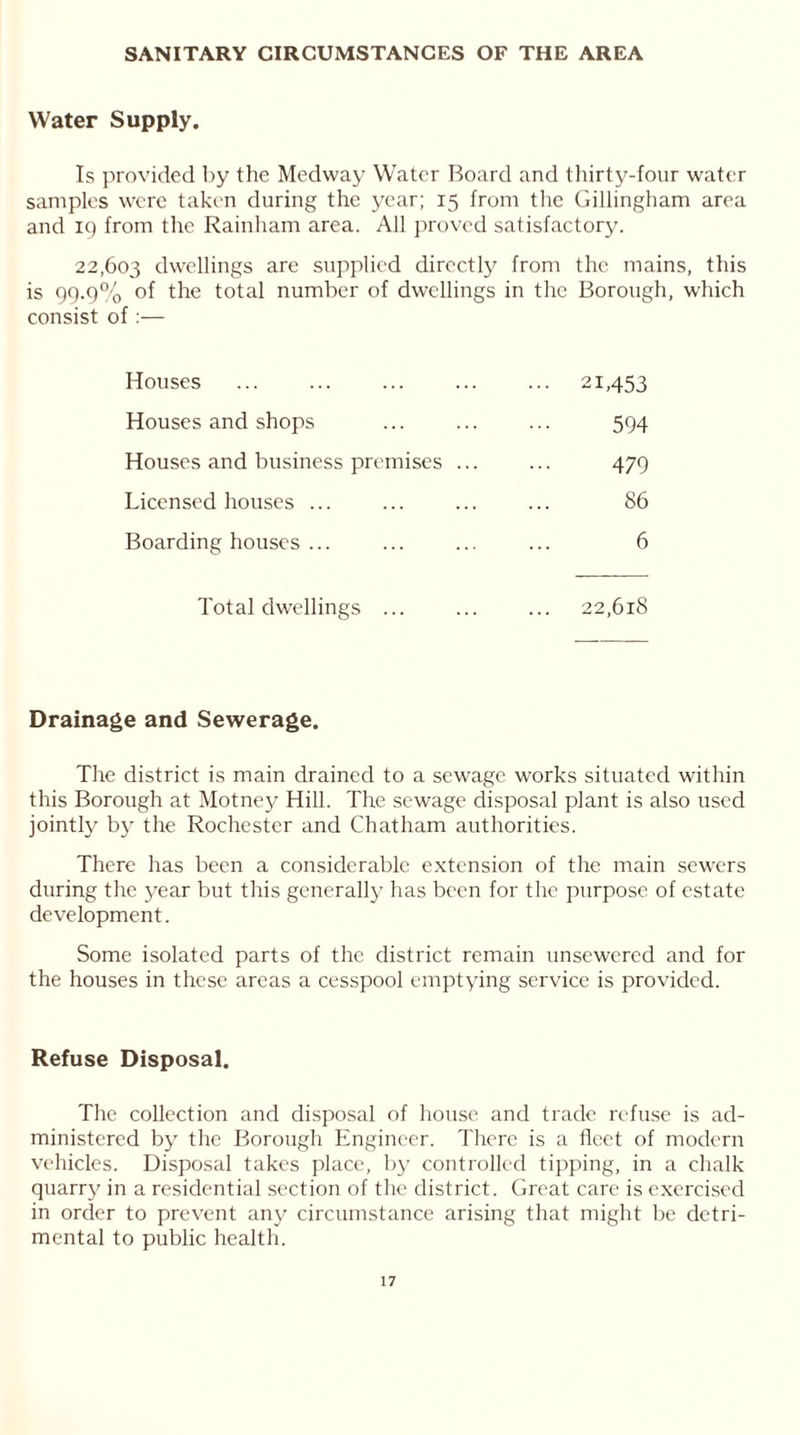SANITARY CIRCUMSTANCES OF THE AREA Water Supply. Is provided by the Medway Water Board and thirty-four water samples were taken during the year; 15 from the Gillingham area and 19 from the Rainham area. All proved satisfactory. 22,603 dwellings are supplied directly from the mains, this is 99.9% of the total number of dwellings in the Borough, which consist of :— Houses ••• 21,453 Houses and shops 594 Houses and business premises ... 479 Licensed houses ... 86 Boardinghouses... 6 Total dwellings ... 22,618 Drainage and Sewerage. The district is main drained to a sewage works situated within this Borough at Motney Hill. The sewage disposal plant is also used jointly by the Rochester and Chatham authorities. There has been a considerable extension of the main sewers during the 3^ear but this generally has been for the purpose of estate development. Some isolated parts of the district remain unsewered and for the houses in these areas a cesspool emptying service is provided. Refuse Disposal. The collection and disposal of house and trade refuse is ad- ministered by the Borough Engineer. There is a fleet of modern vehicles. Disposal takes place, by controlled tipping, in a chalk quarry in a residential section of the district. Great care is exercised in order to prevent any circumstance arising that might be detri- mental to public health.