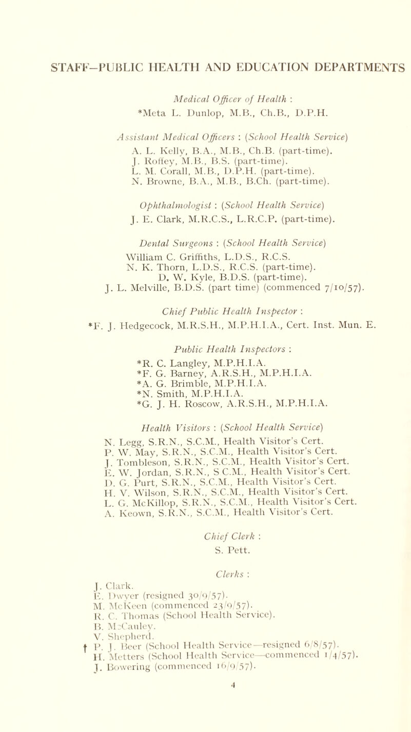 STAFF—PUBLIC HEALTH AND EDUCATION DEPARTMENTS Medical Officer of Health : *Mcta L. Dunlop, M.B., Ch.B., D.P.H. Assistant Medical Officers : (School Health Service) A. L. Kelly, B.A., M.B., Ch.B. (part-time). J. Roffey, M.B., B.S. (part-time). L. M. Corall, M.B., D.P.H. (part-time). N. Browne, B.A., M.B., B.Ch. (part-time). Ophthalmologist : (School Health Service) J. E. Clark, M.R.C.S., L.R.C.P. (part-time). Dental Surgeons : (School Health Service) William C. Griffiths, L.D.S., R.C.S. N. K. Thorn, L.D.S., R.C.S. (part-time). D. W. Kyle, B.D.S. (part-time). J. L. Melville, B.D.S. (part time) (commenced 7/10/57). Chief Public Health Inspector : *F. J. Hedgecock, M.R.S.H., M.P.H.I.A., Cert. Inst. Mun. E. Public Health Inspectors : *R. C. Langley, M.P.H.I.A. *F. G. Barney, A.R.S.H., M.P.H.I.A. *A. G. Brimble, M.P.H.I.A. *N. Smith, M.P.H.I.A. *G. J. H. Roscow, A.R.S.H., M.P.H.I.A. Health Visitors : (School Health Service) N. Eegg, S.R.N., S.C.M., Health Visitor’s Cert. P. W. May, S.R.N., S.C.M., Health Visitor’s Cert. J. Tombleson, S.R.N., S.C.M., Health Visitor’s Cert. E. W. Jordan, S.R.N., S C.M., Health Visitor’s Cert. D. G. Purt, S.R.N., S.C.M., Health Visitor’s Cert. H. V. Wilson, S.R.N., S.C.M., Health Visitor’s Cert. L. G. McKillop, S.R.N., S.C.M., Health Visitor’s Cert. A. Keown, S.R.N., S.C.M., Health Visitor’s Cert. Chief Clerk : S. Pett. Clerks : J. Clark. E. Dwyer (resigned 30/9/57). M. McKeen (commenced -23/0/57)- R. C. Thomas (School Health Service). B. McCauley. V. Shepherd. f P. ). Beer (School Health Service—resigned 6/8/57). H. Mutters (School Health Service—commenced 1.4/57). T. Bowering (commenced 16/0 57). •l