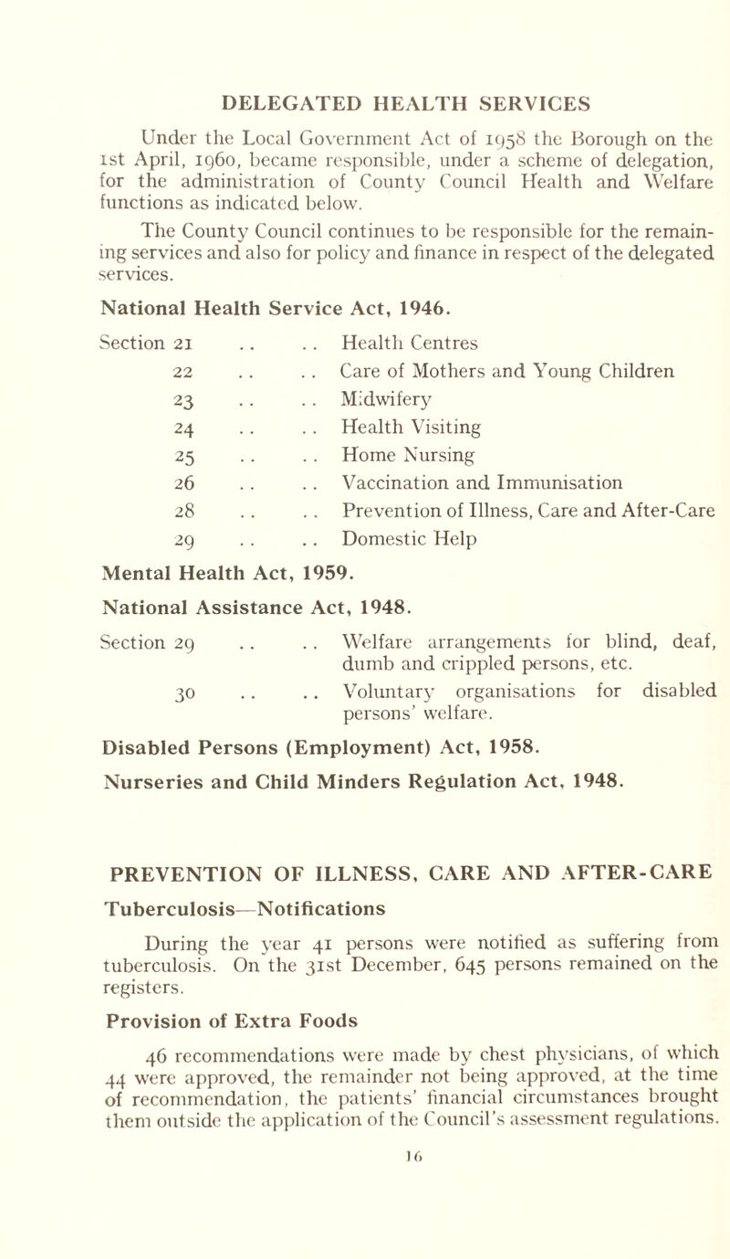 DELEGATED HEALTH SERVICES Under the Local Government Act of 1958 the Borough on the xst April, i960, became responsible, under a scheme of delegation, for the administration of County Council Health and Welfare functions as indicated below. The County Council continues to be responsible for the remain- ing services and also for policy and finance in respect of the delegated services. National Health Service Act, 1946. Section 21 Health Centres 22 .. Care of Mothers and Young Children 23 Midwifery 24 Health Visiting 25 Home Nursing 26 Vaccination and Immunisation 28 Prevention of Illness, Care and After-Care 29 Domestic Help Mental Health Act, 1959. National Assistance Act, 1948. Section 29 .. .. Welfare arrangements for blind, deaf, dumb and crippled persons, etc. 30 .. .. Voluntary organisations for disabled persons’ welfare. Disabled Persons (Employment) Act, 1958. Nurseries and Child Minders Regulation Act, 1948. PREVENTION OF ILLNESS, CARE AND AFTER-CARE Tuberculosis—Notifications During the year 41 persons were notified as suffering from tuberculosis. On the 31st December, 645 persons remained on the registers. Provision of Extra Foods 46 recommendations were made by chest physicians, of which 44 were approved, the remainder not being approved, at the time of recommendation, the patients’ financial circumstances brought them outside the application of the Council’s assessment regulations.