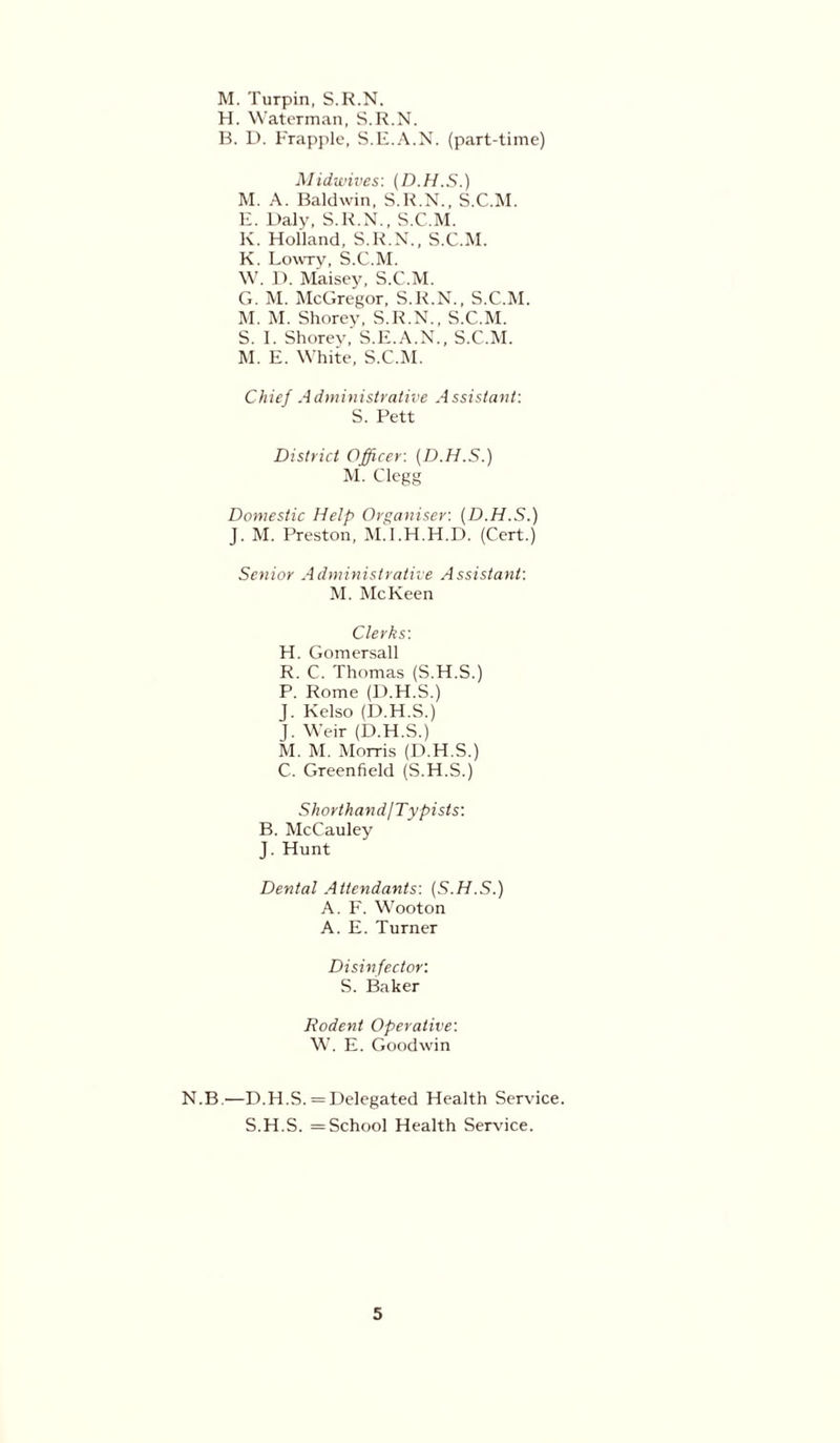 M. Turpin, S.R.N. H. Waterman, S.R.N. B. D. Frapple, S.E.A.N. (part-time) Midwives\ (D.H.S.) M. A. Baldwin, S.R.N., S.C.M. E. Daly, S.R.N., S.C.M. K. Holland, S.R.N., S.C.M. K. Lowry, S.C.M. W. D. Maisey, S.C.M. G. M. McGregor, S.R.N., S.C.M. M. M. Shorey, S.R.N., S.C.M. S. 1. Shorev, S.E.A.N., S.C.M. M. E. White, S.C.M. Chief Administrative Assistant: S. Pett District Officer: {D.H.S.) M. Clegg Domestic Help Organiser: [D.H.S.) J. M. Preston, M.I.H.H.D. (Cert.) Senior Administrative Assistant: M. Me Keen Clerks: H. Gomersall R. C. Thomas (S.H.S.) P. Rome (D.H.S.) J. Kelso (D.H.S.) J. Weir (D.H.S.) M. M. Morris (D.H.S.) C. Greenfield (S.H.S.) Shorthand/Typists: B. McCauley J. Hunt Dental Attendants: [S.H.S.) A. F. Wooton A. E. Turner Disinfector: S. Baker Rodent Operative: W. E. Goodwin N.B.—D.H.S. = Delegated Health Service. S.H.S. =School Health Service.