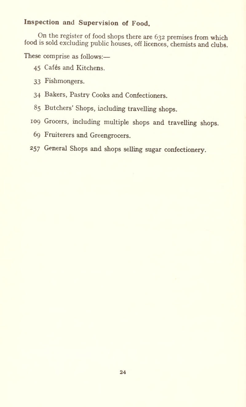 Inspection and Supervision of Food. On the register of food shops there are 632 premises from which food is sold excluding public houses, off licences, chemists and clubs. These comprise as follows:— 45 Cafes and Kitchens. 33 Fishmongers. 34 Bakers, Pastry Cooks and Confectioners. 85 Butchers’ Shops, including travelling shops. 109 Grocers, including multiple shops and travelling shops. 69 Fruiterers and Greengrocers. 257 General Shops and shops selling sugar confectionery.