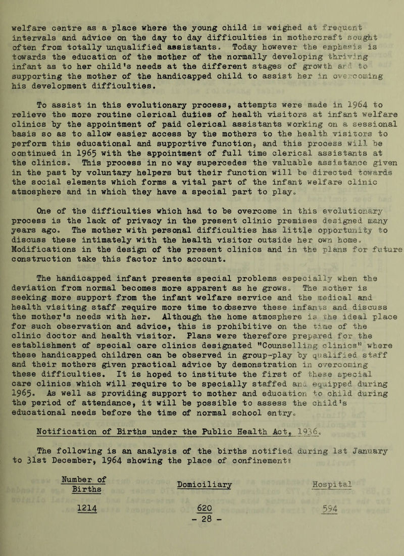 welfare centre as a place where the young child is weighed at frequent intervals and advice on the day to day difficulties in mothercraft sought often from totally unqualified assistants. Today however the emphasis is towards the education of the mother of the normally developing thriving infant as to her child's needs at the different stages of growth ard to supporting the mother of the handicapped child to assist her in overcoming his development difficulties. To assist in this evolutionary process, attempts were made in 1964 to relieve the more routine clerical duties of health visitors at infant welfare clinics by the appointment of paid clerical assistants working on a sessional basis so as to allow easier access by the mothers to the health visitors to perform this educational and supportive function, and this process will be continued in 1965 with the appointment of full time clerical assistants at the clinics. This process in no way supercedes the valuable assistance given in the past by voltantary helpers but their function will be directed towards the social elements which forms a vital part of the infant welfare clinic atmosphere and in which they have a special part to play. One of the difficulties which had to he overcome in this evolutionary process is the lack of privacy in the present clinic premises designed many years ago. The mother with personal difficulties has little opportunity to discuss these intimately with the health visitor outside her own home. Modifications in the design of the present clinics and in the plans for future construction take this factor into account. The handicapped infant presents special problems especially when the deviation from normal becomes more apparent as he grows. The mother is seeking more support from the infant welfare service and the medical and health visiting staff require more time to observe these infants and discuss the mother's needs with her. Although the home atmosphere is the ideal place for such observation and advice, this is prohibitive on the time of the clinic doctor and health visitor. Plans were therefore prepared for the establishment of special care clinics designated Counselling clinics where these handicapped children can be observed in group-play by qualified staff and their mothers given practical advice by demonstration in overcoming these difficulties. It is hoped to institute the first of these special care clinics which will require to be specially staffed ana equipped during 1965® As well as providing support to mother and education to child during the period of attendance, it will be possible to assess the child’s educational needs before the time of normal school entry. Notification of Births under the Public Health Act, 1936.o The following is an analysis of the births notified during 1st January to 31st December, 1964 showing the place of confinement? Domiciliary Hospital 620 Number of Births 1214 594