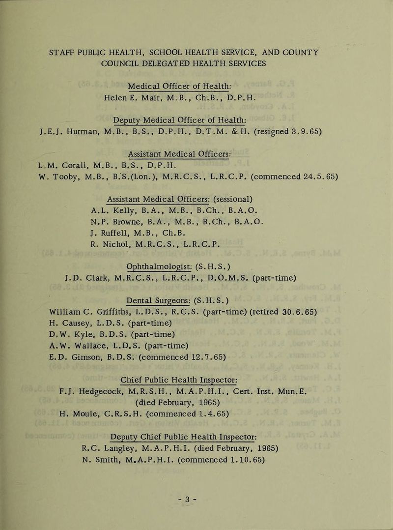 STAFF PUBLIC HEALTH, SCHOOL HEALTH SERVICE, AND COUNTY COUNCIL DELEGATED HEALTH SERVICES Medical Officer of Health; Helen E. Mair, M.B., Ch.B,, D.P.H. Deputy Medical Officer of Health: J.E.J. Hurman, M.B., B.S., D.P.H., D.T.M. & H. (resigned 3,9,65) Assistant Medical Officers: L,M. Corail, M.B., B.S., D.P.H, W, Tooby, M.B., B,S,(Lon.), M.R.C.S., L.R.C.P. (commenced 24,5.65) Assistant Medical Officers: (sessional) A.L. Kelly, B.A., M.B., B.Ch., B.A.O. N.P. Browne, B.A., M.B., B.Ch., B.A.O. J. Ruff ell, M.B., Ch.B. R. Nichol, M.R.C.S., L.R.C.P. Ophthalmologist: (S.H.S.) J.D. Clark, M.R.C.S., L.R.C.P., D.O.M.S. (part-time) Dental Surgeons: (S.H.S.) William C. Griffiths, L.D.S., R.C.S. (part-time) (retired 30.6.65) H. Causey, L.D.S. (part-time) D. W, Kyle, B.D.S. (part-time) A.W. Wallace, L.D.S. (part-time) E. D. Gimson, B.D.S. (commenced 12.7.65) Chief Public Health Inspector: F.J. Hedgecock, M.R.S.H., M.A.P.H.I., Cert. Inst. Mun.E. (died February, 1965) H. Moule, C.R.S.H. (commenced 1.4.65) Deputy Chief Public Health Inspector: R.C. Langley, M.A.P.H.I. (died February, 1965) N. Smith, M.A.P.H.I. (commenced 1.10.65)