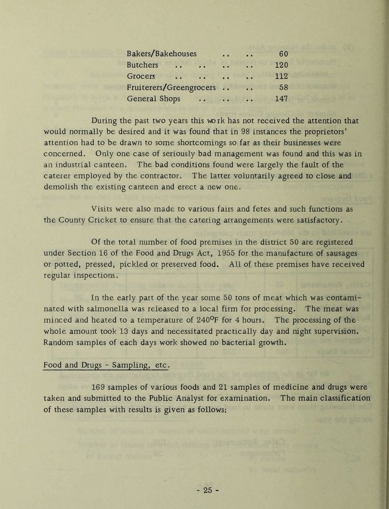 Bakers/Bakehouses .. .. 60 Butchers 120 Grocers 112 Fruiterers/Greengrocers .. .. 58 General Shops 147 During the past two years this work has not received the attention that would normally be desired and it was found that in 98 instances the proprietors' attention had to be drawn to some shortcomings so far as their businesses were concerned. Only one case of seriously bad management was found and this was in an industrial canteen. The bad conditions found were largely the fault of the caterer employed by the contractor. The latter voluntarily agreed to close and demolish the existing canteen and erect a new one. Visits were also made to various fairs and fetes and such functions as the County Cricket to ensure that the catering arrangements were satisfactory. Of the total number of food premises in the district 50 are registered under Section 16 of the Food and Drugs Act, 1955 for the manufacture of sausages or potted, pressed, pickled or preserved food. All of these premises have received regular inspections. In the early part of the year some 50 tons of meat which was contami- nated with salmonella was released to a local firm for processing. The meat was minced and heated to a temperature of 240°F for 4 hours. The processing of the whole amount took. 13 days and necessitated practically day and night supervision. Random samples of each days work showed no bacterial growth. Food and Drugs - Sampling, etc. 169 samples of various foods and 21 samples of medicine and drugs were taken and submitted to the Public Analyst for examination. The main classification of these samples with results is given as follows: