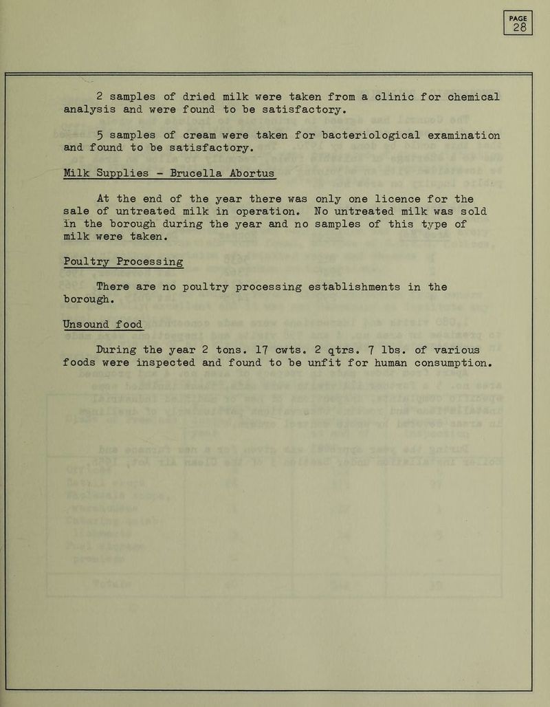 analysis and were found to he satisfactory. 5 samples of cream were taken for bacteriological examination and found to be satisfactory. Milk Supplies - Brucella Abortus At the end of the year there was only one licence for the sale of untreated milk in operation. No untreated milk was sold in the borough during the year and no samples of this type of milk were taken. Poultry Processing There are no poultry processing establishments in the borough. Unsound food During the year 2 tons. 17 cwts. 2 qtrs. 7 lbs. of various foods were inspected and found to be unfit for human consumption